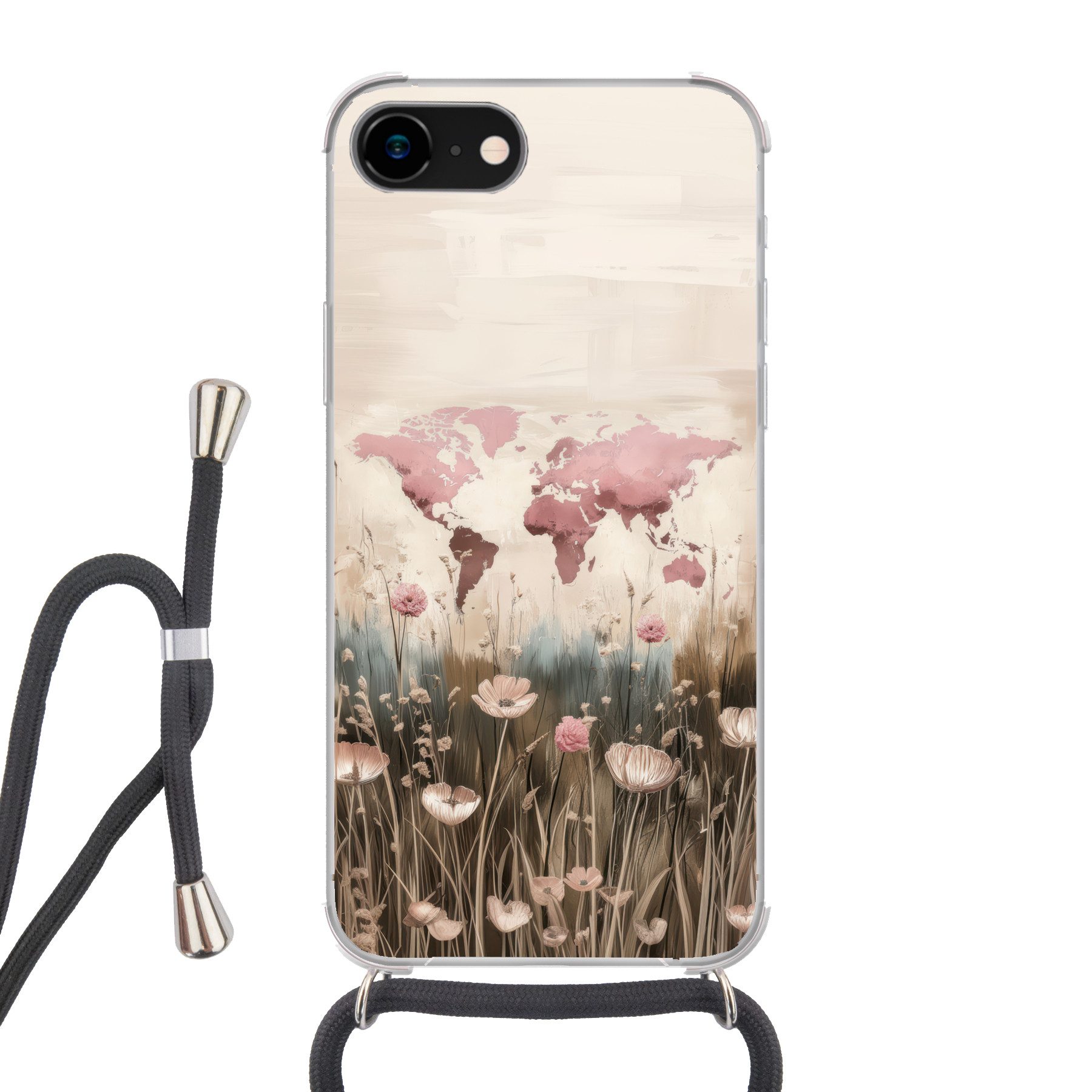 MuchoWow Handyhülle für Apple iPhone 8 Weltkarte - Rosa - Blumen, Tragbare Handyhüllen mit Kette zum umhängen, Handykette Handyband
