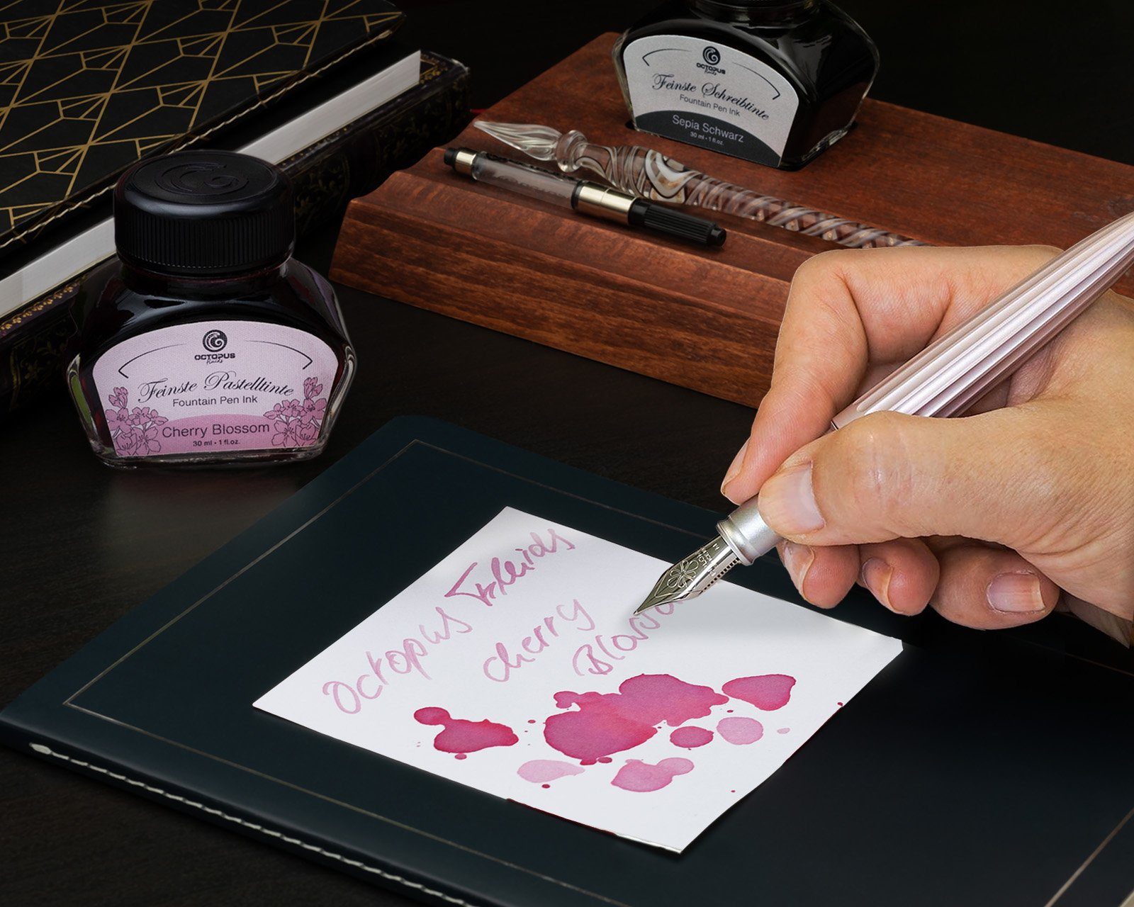 DIPLOMAT Füllhalter Aero antique Schreibtinte mit (Komplett-Set Cherry Tintenkonverter, Octopus GERMANY mit Blossom MADE Schreibtinte, Holzetui), und von Fluids IN rose