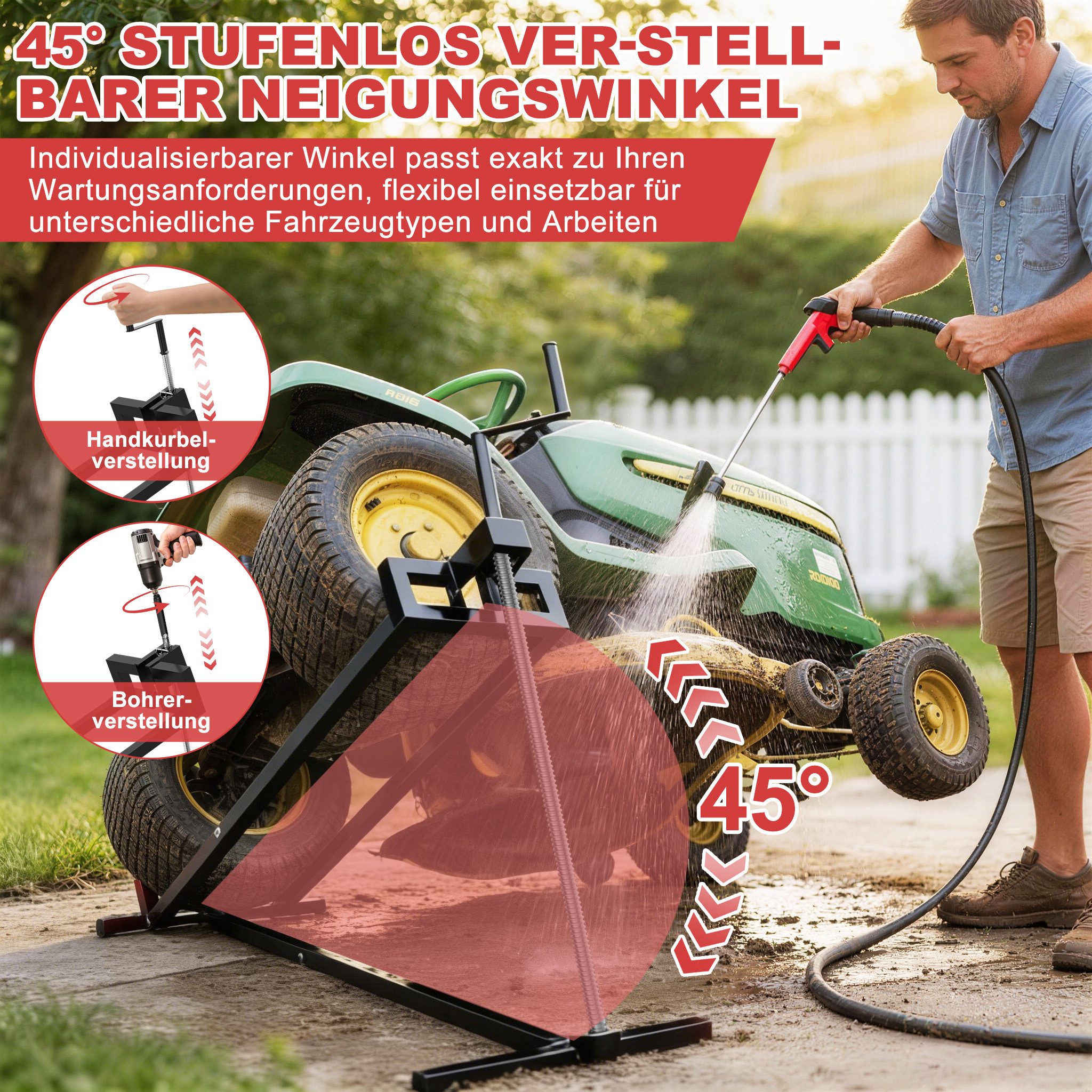 FIVMEN Rasentraktor Rasentraktorheber Rasentraktor Hebevorrichtung Rasenmäher Lifter 400KG, Reinigungshilfe für Garten Mäher-Traktor, +45° Neigung verstellbar