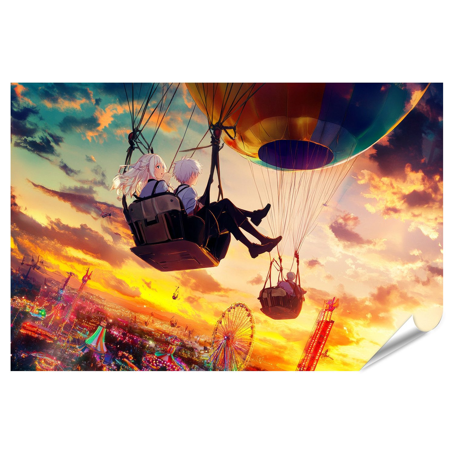 islandburner Poster, Paar im Heißluftballon über leuchtendem Fest bei Sonnenuntergang