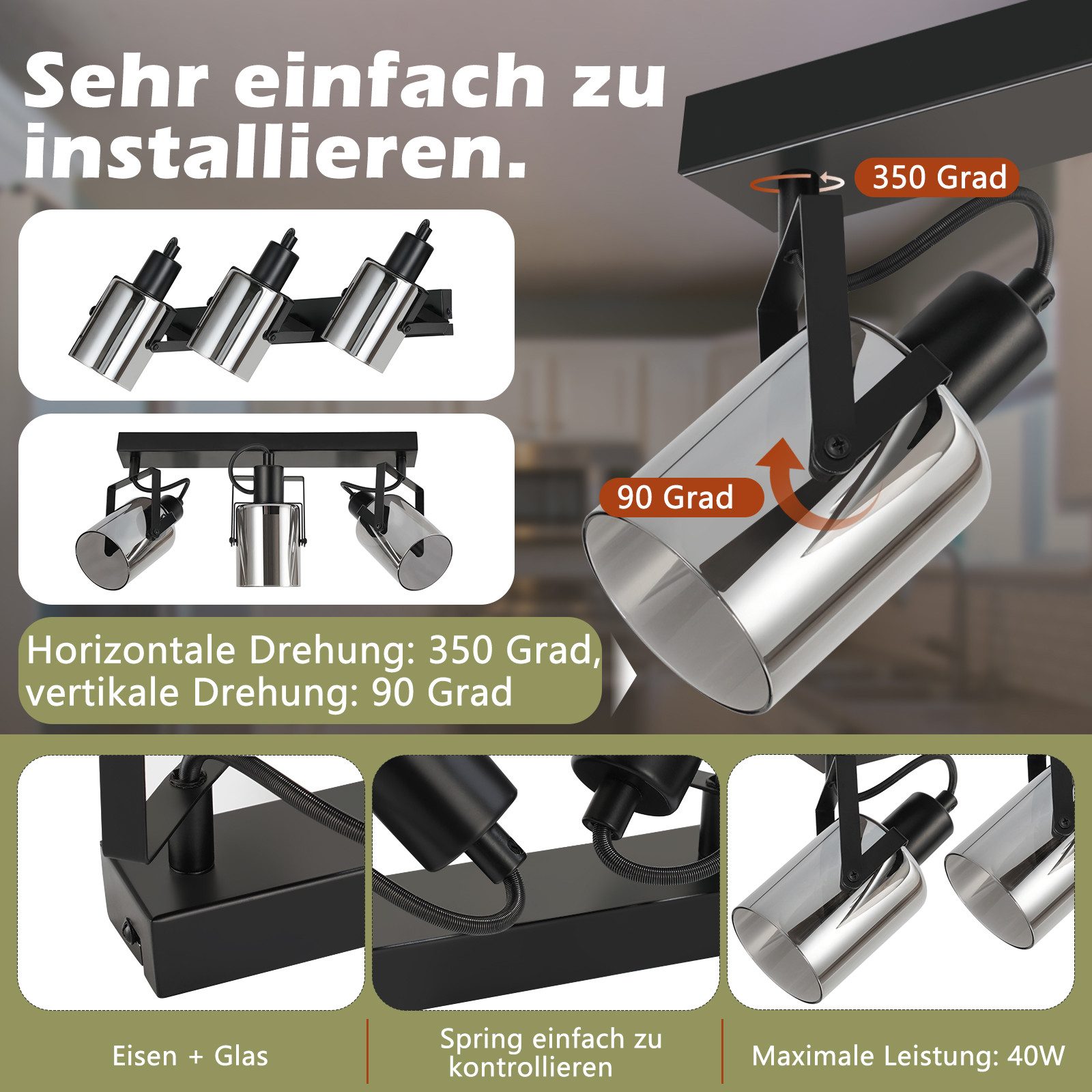 Nettlife Deckenstrahler Vintage 1/2/3/4 flammig Deckenspot Glas Rauchgrau E14, 350° Schwenkbar, ohne Leuchtmittel, für Wohnzimmer Schlafzimmer Flur Küche Esszim – Bild 3 von 5