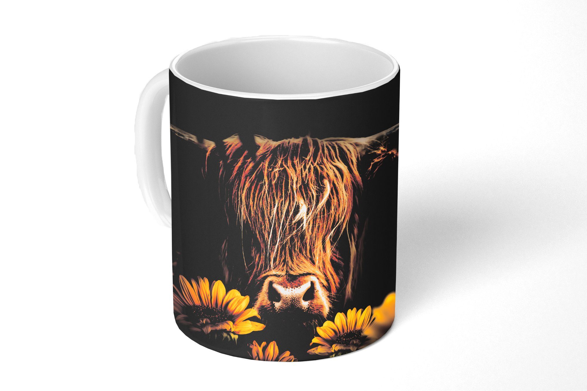 MuchoWow Tasse Schottische Highlander - Blumen - Kuh - Botanisch - Tiere, Keramik, Kaffeetassen, Teetasse, Becher, Teetasse, Geschenk