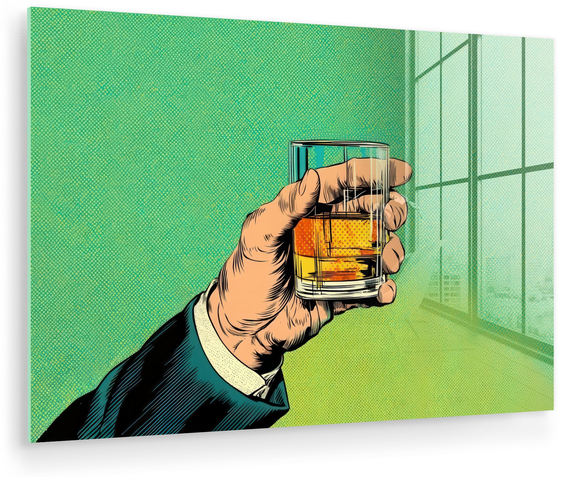 MuchoWow Acrylglasbild Whisky - Glas - Hand - Grün, Inkl. Aufhängung, Glasbilder Wohnzimmer, Schlafzimmer, Flur & Esszimmer, 30x20 cm