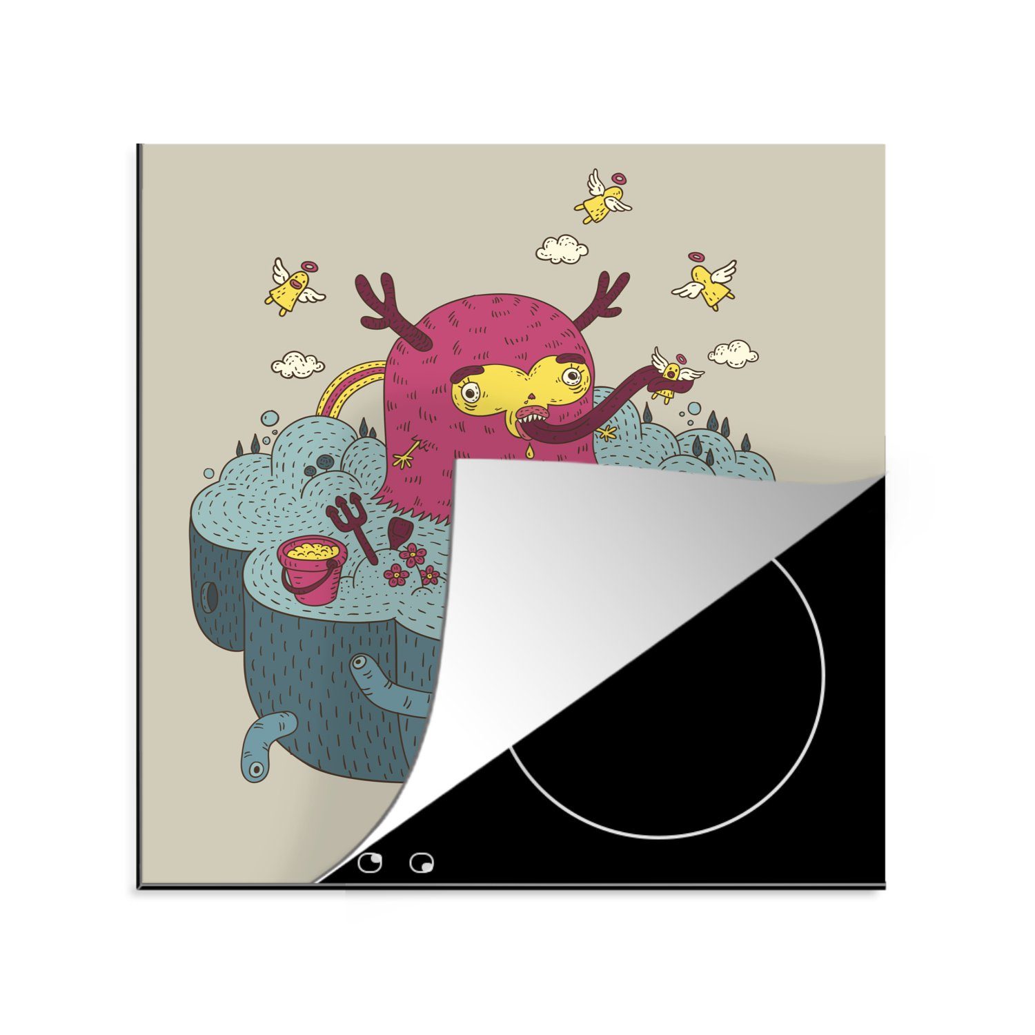 Herdblende-/Abdeckplatte und Vinyl, cm, tlg), Ceranfeldabdeckung, Monsters für eines küche MuchoWow Engels, (1 78x78 Illustration Arbeitsplatte eines