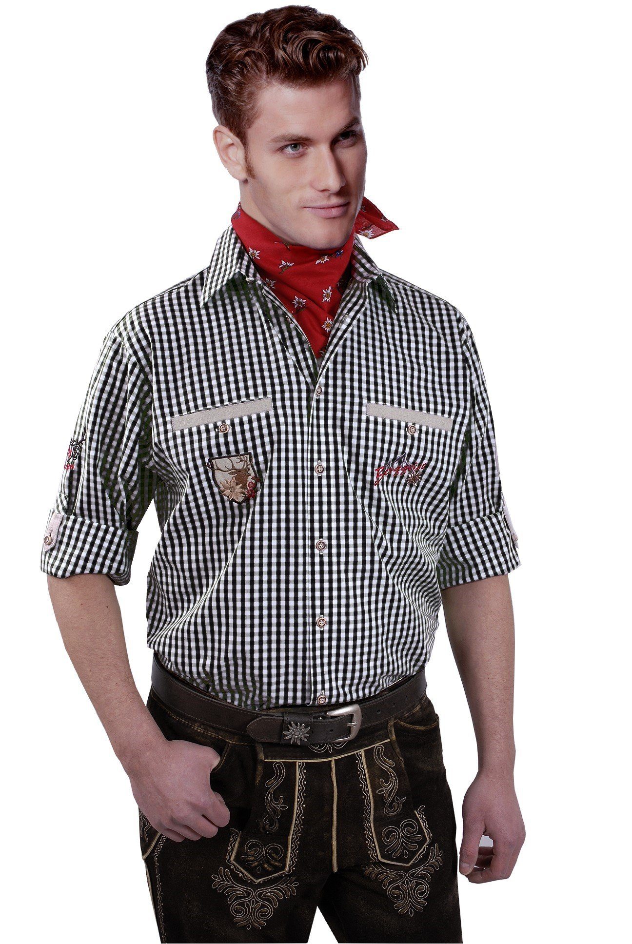 Moschen-Bayern Trachtenhemd Trachtenhemd Herren kariert Edelweiß Wiesnhemd Langarm Kurzarm Schwarz