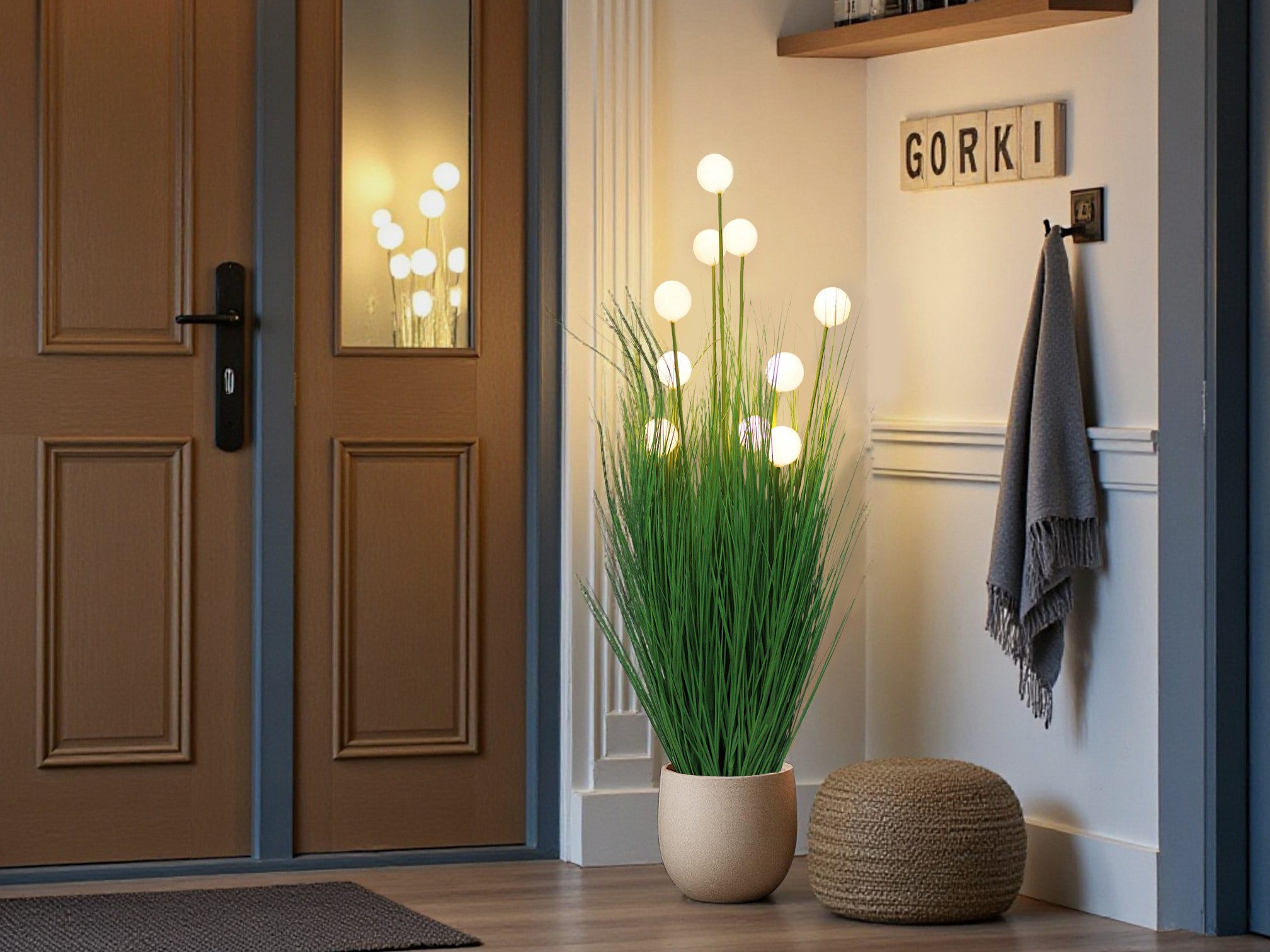 Kunstpflanze Kunstgras Dekogras Stehlampe Dekoleuchte künstliche Pflanze Gräser, Arnusa, Höhe 110 cm, mit LED Beleuchtung batteriebetrieben und Timer