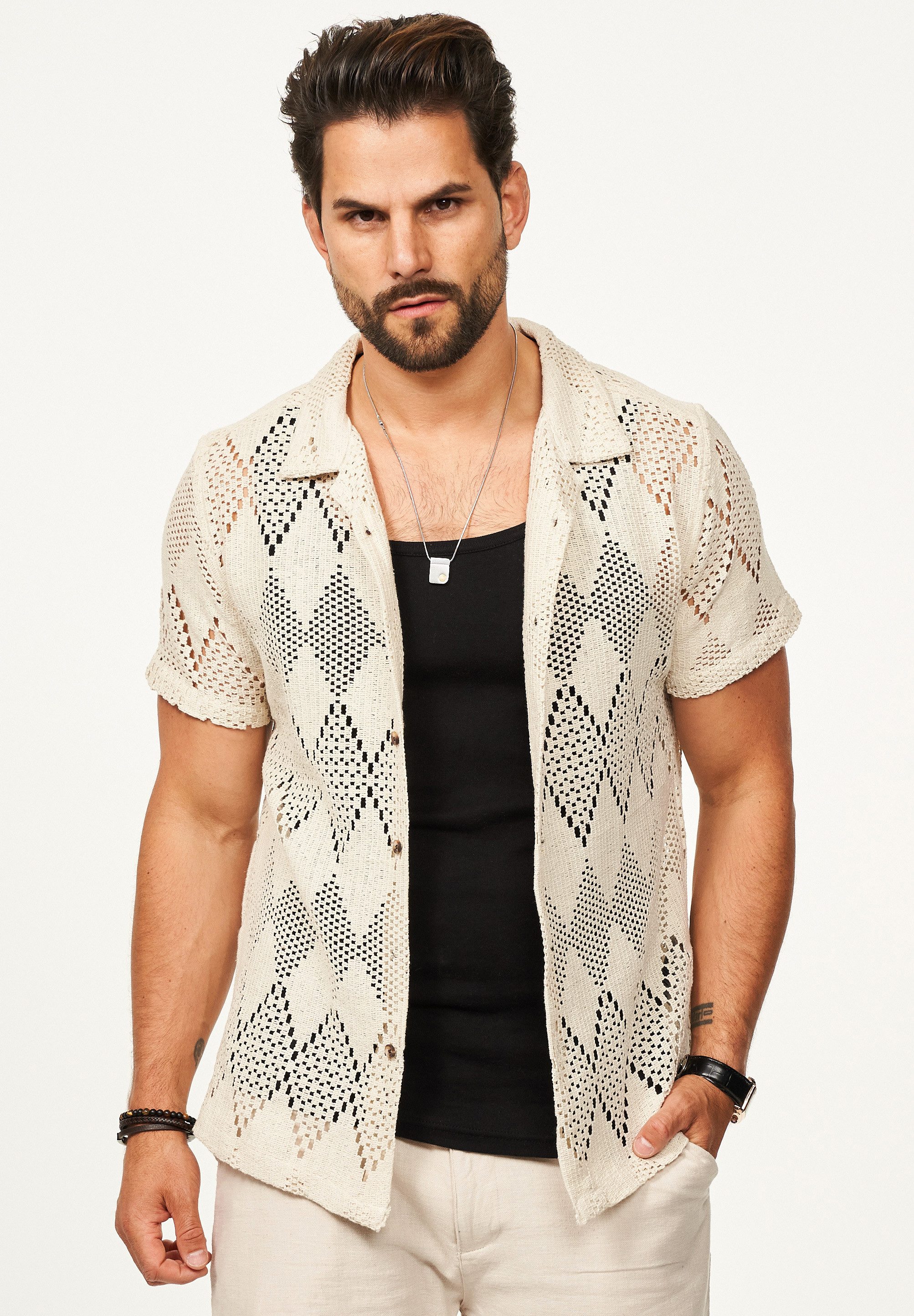 SOULSTAR Kurzarmhemd im Vintage Summer-Look als Kurzam Strick Hemd Herren Strick Polo-Hemd T-Shirt im Regular-Fit Festival Hemd
