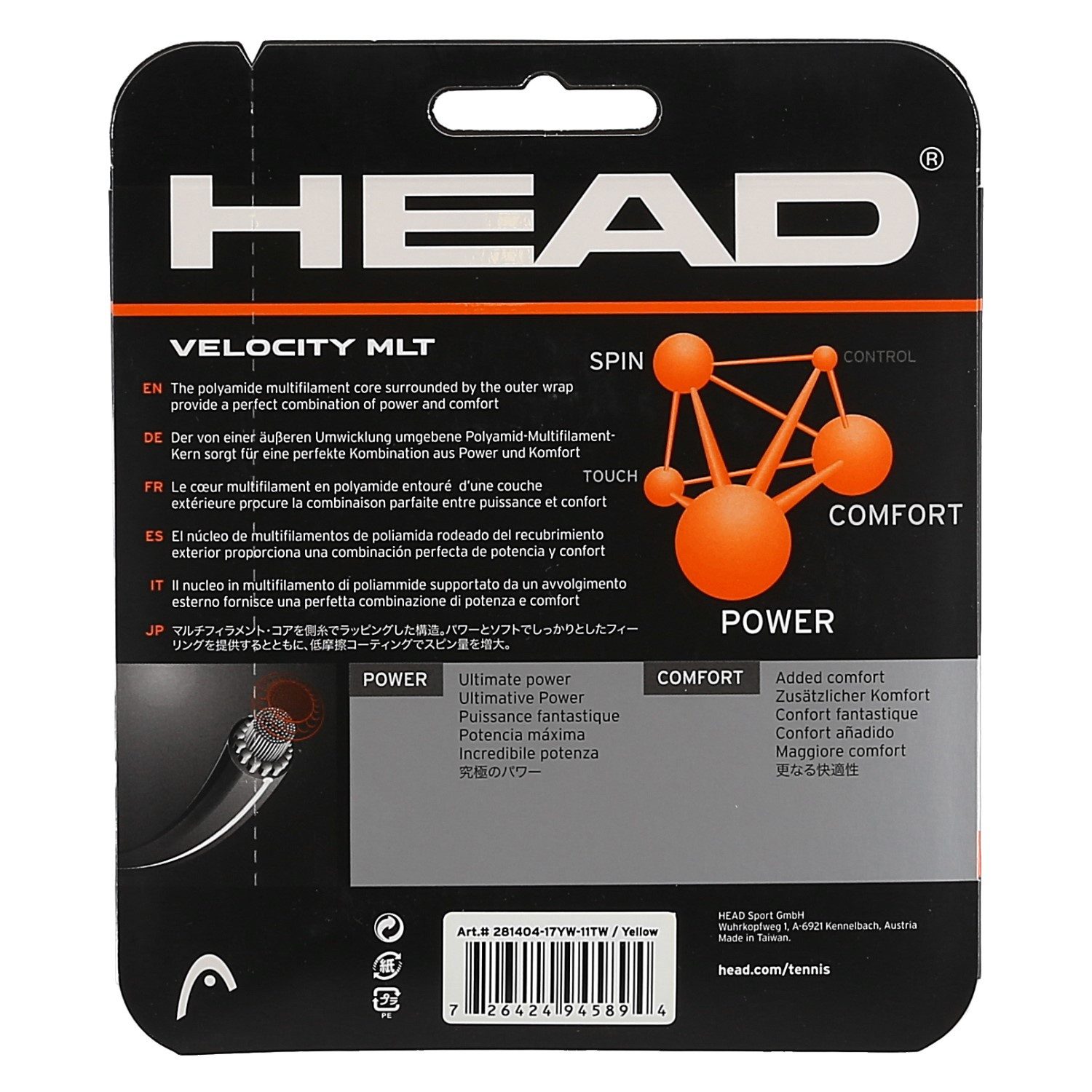 Head Tennissaite Velocity MLT (Armschonung+Touch) gelb 12m Set, Saitendicke: 1.25