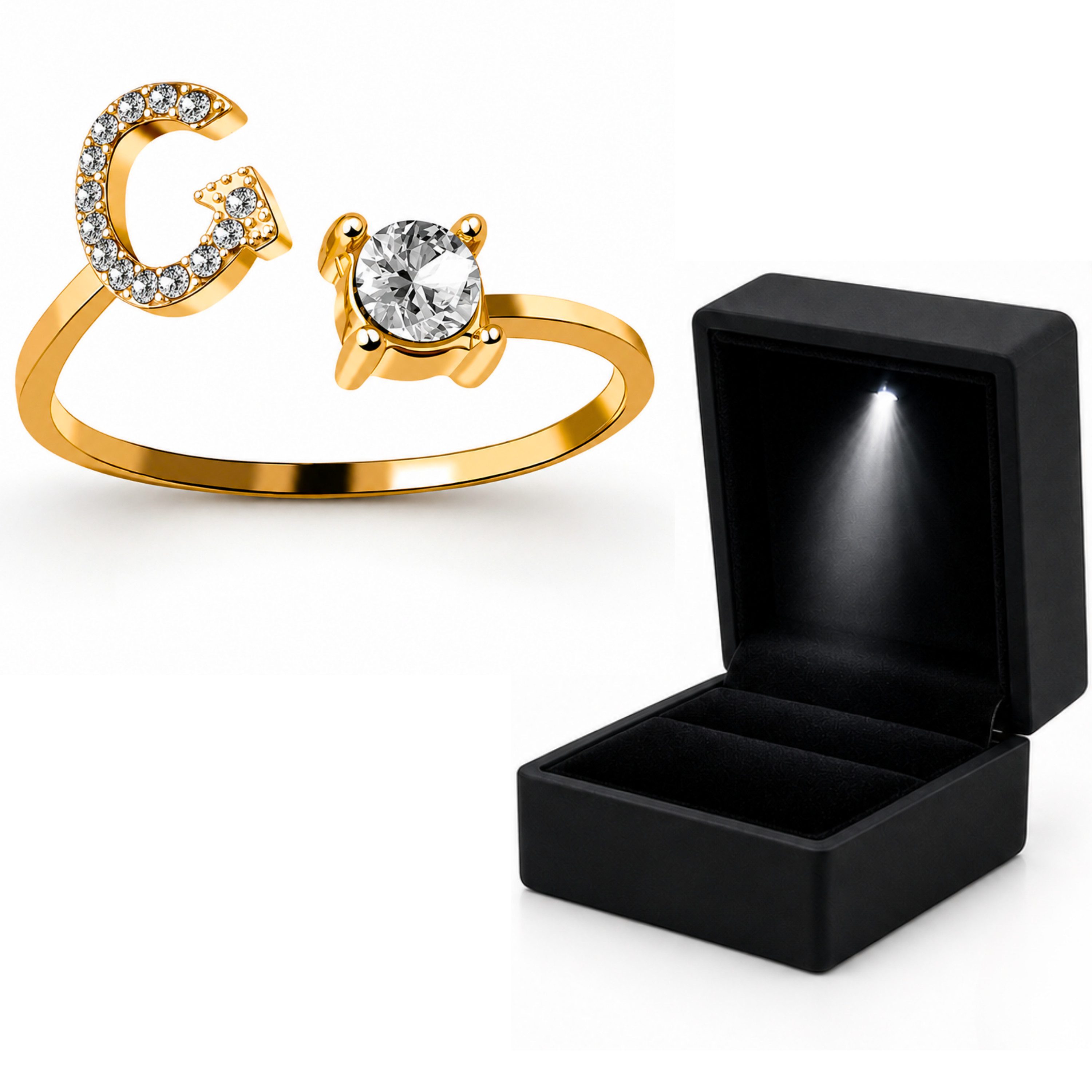 StellarLuma Fingerring Damenring Buchstabenring Schmuck Modeschmuck inklusive LED Ringbox (Set, Set bestehend aus 1 Buchstabenring und 1 LED-Schmuckbox), Verstellbarer Buchstabenring, Damen Modeschmuck mit LED-Schmuckbox