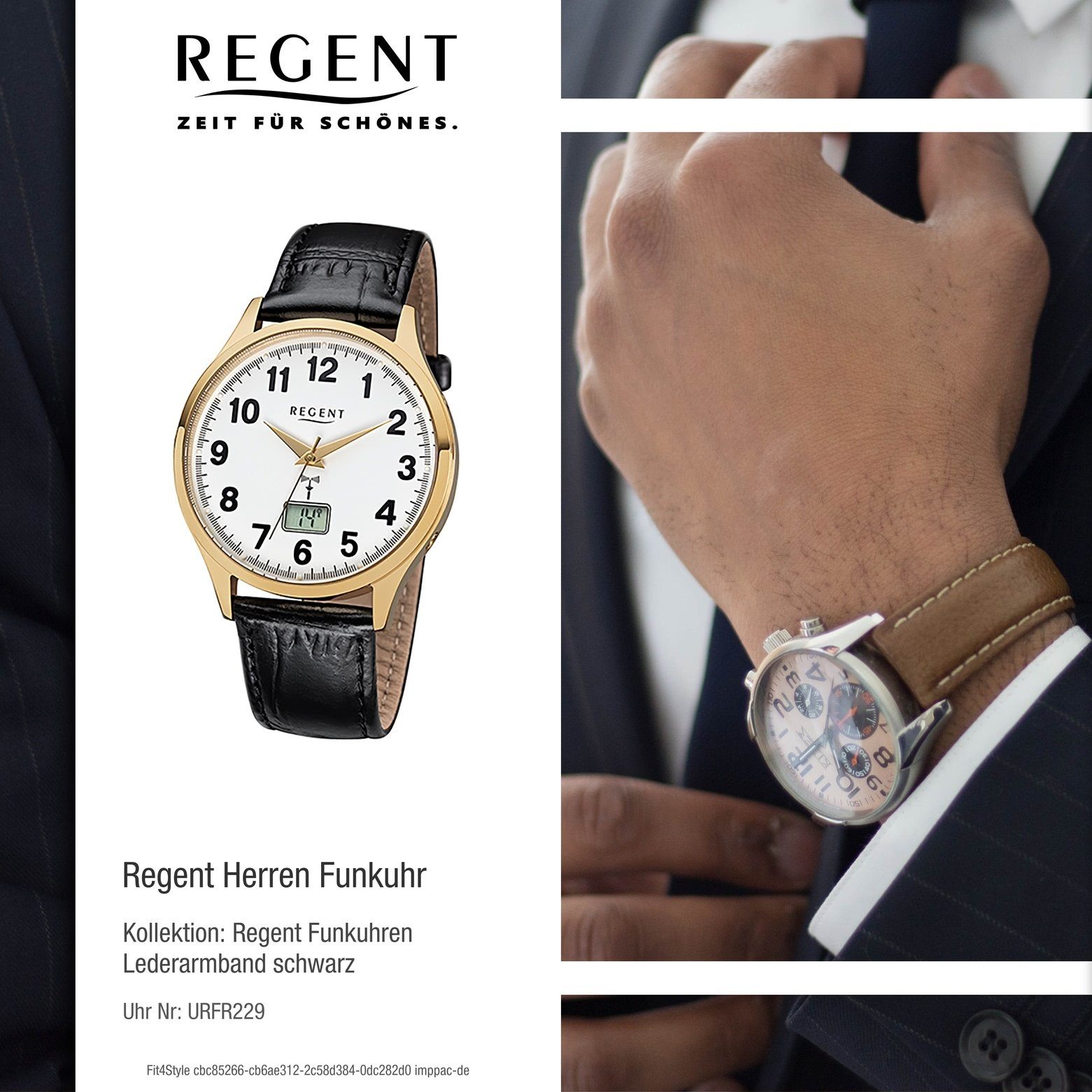 Regent Funkuhr Regent Herren-Armbanduhr groß Lederarmband Analog, 40mm), schwarz Herren Funkuhr rund, (ca