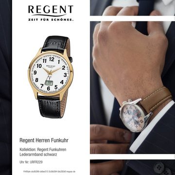 Regent Funkuhr Regent Herren-Armbanduhr schwarz Analog, (Funkuhr), Herren Funkuhr rund, groß (ca. 40mm), Lederarmband
