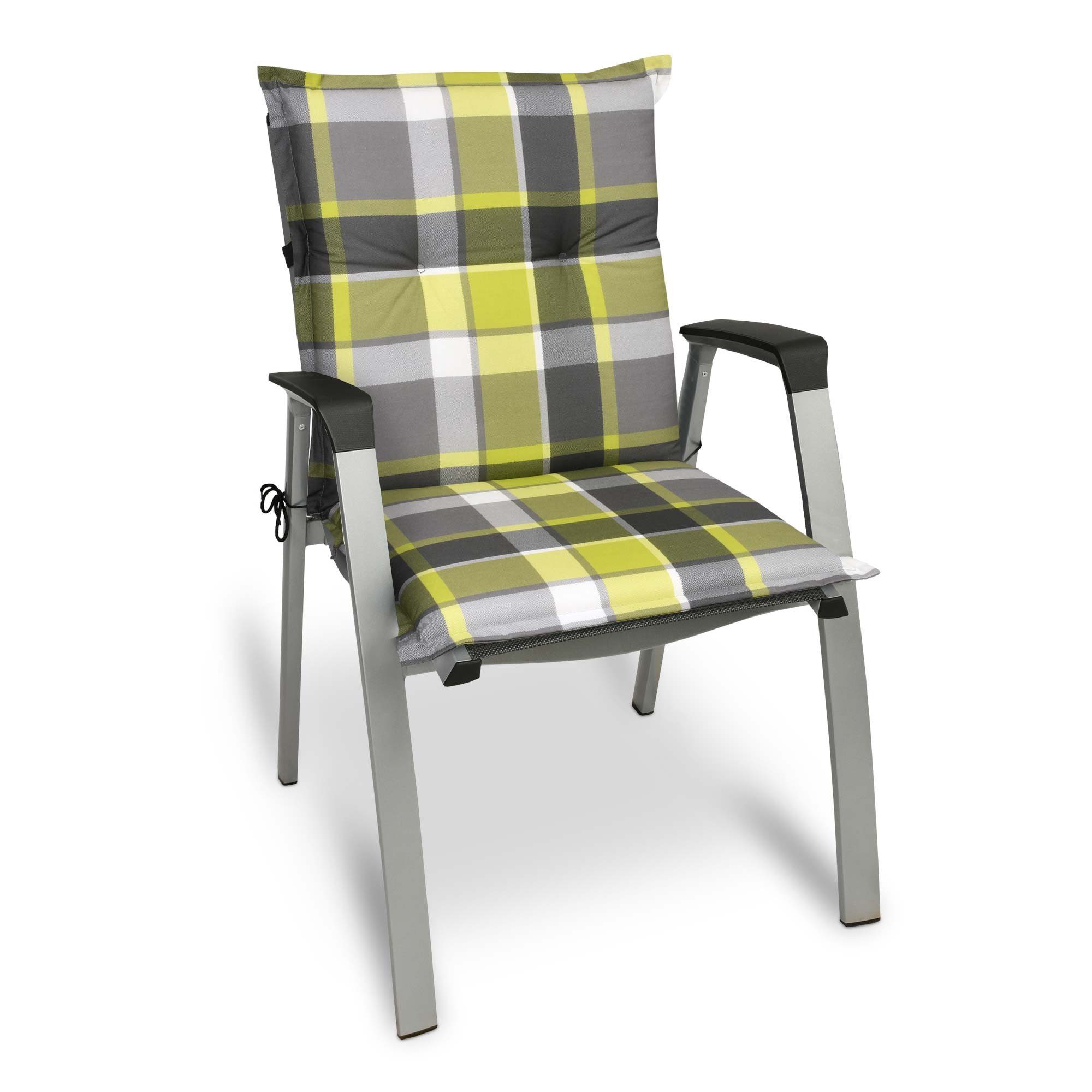 Beautissu Sitzauflage 4er Set Sunny GR Niedriglehner Auflagen 100x50 cm in Grün Kariert, Bequeme Gartenstuhl Stuhlkissen Polsterauflagen mit UV-Lichtecht