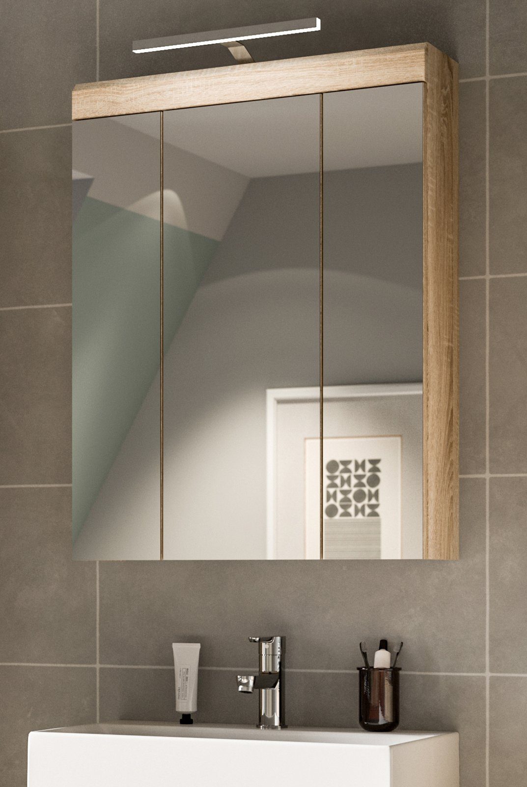 Sonoma in (Badschrank Eiche, cm) 3D x xonox.home 60 3-türig Badezimmerspiegelschrank 79 Lambada
