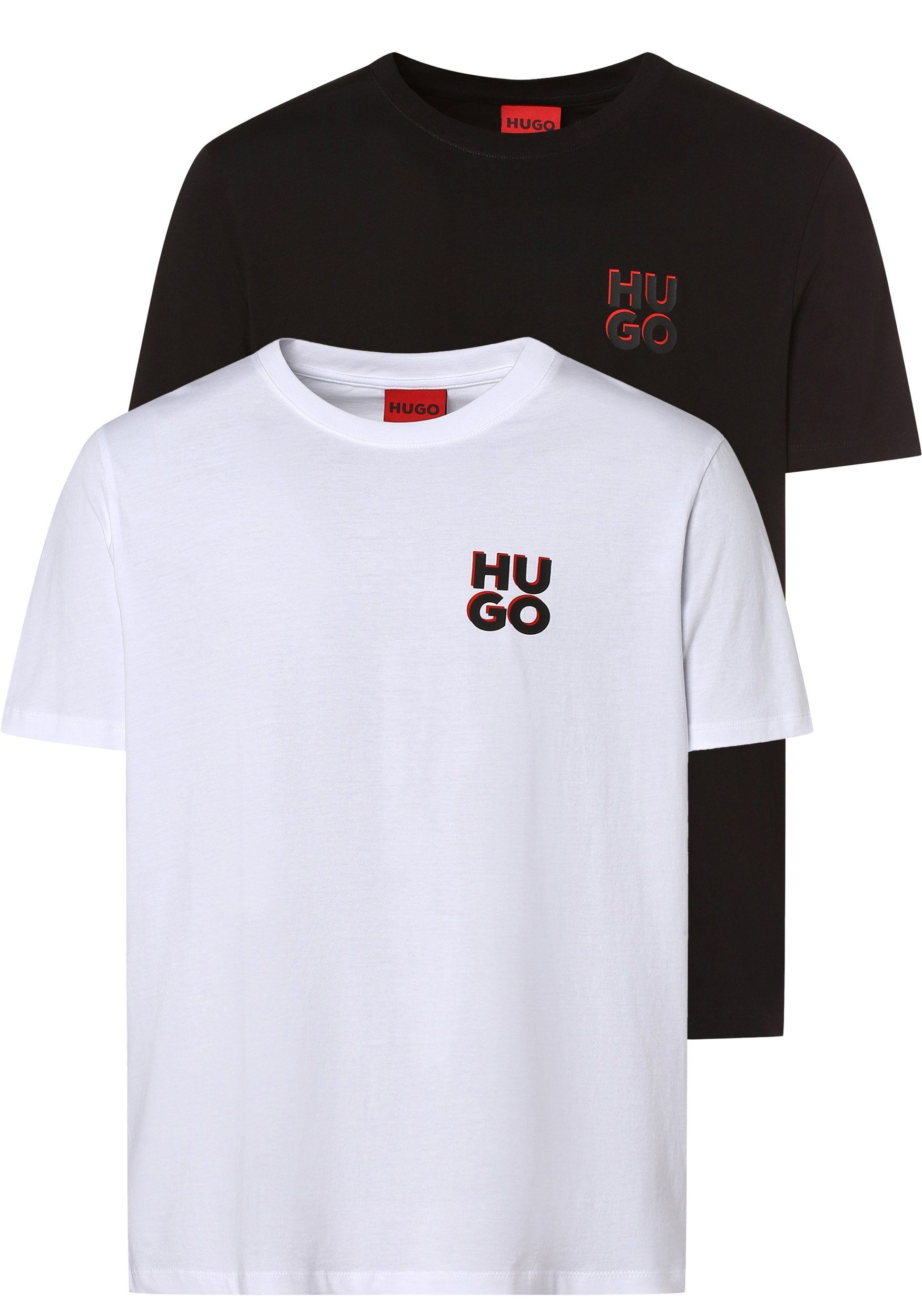 Boss 2er-Pack) Dimento Kurzarmshirt Print Brust Herren HUGO auf T-Shirt Schwarz/Weiß Logo Pack, Hugo (2er der
