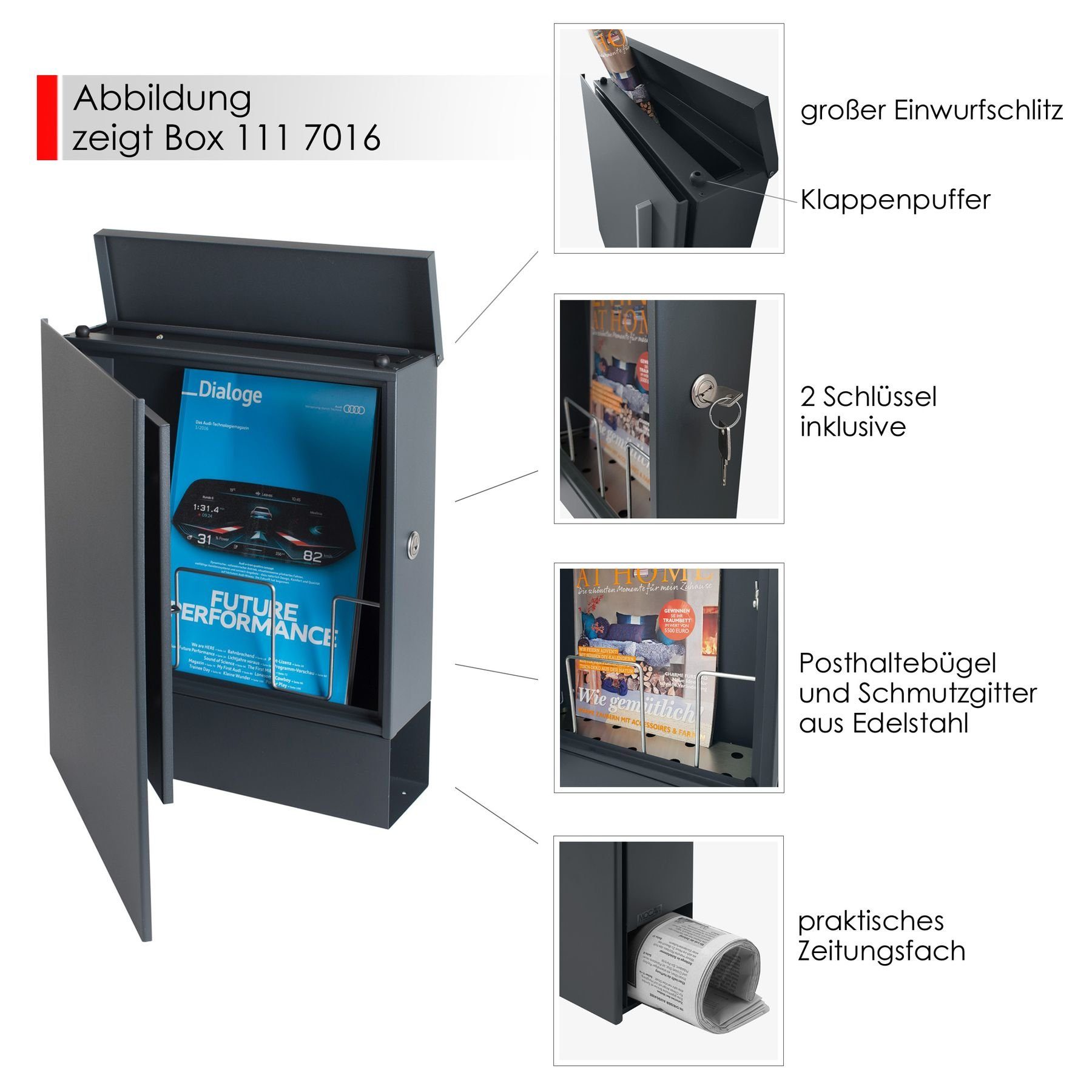 MOCAVI Briefkasten Standbriefkasten + Vers SBox 7016, für 1 7016) beidseitig (RAL Vers bestellbar) (zusätzlich mit Box Wetterseite, Box 1 (aufschrauben), MOCAVI Zeitungsfach VA Verschluss Pfosten passender 111a anthrazit-grau II nutzbar: integriert