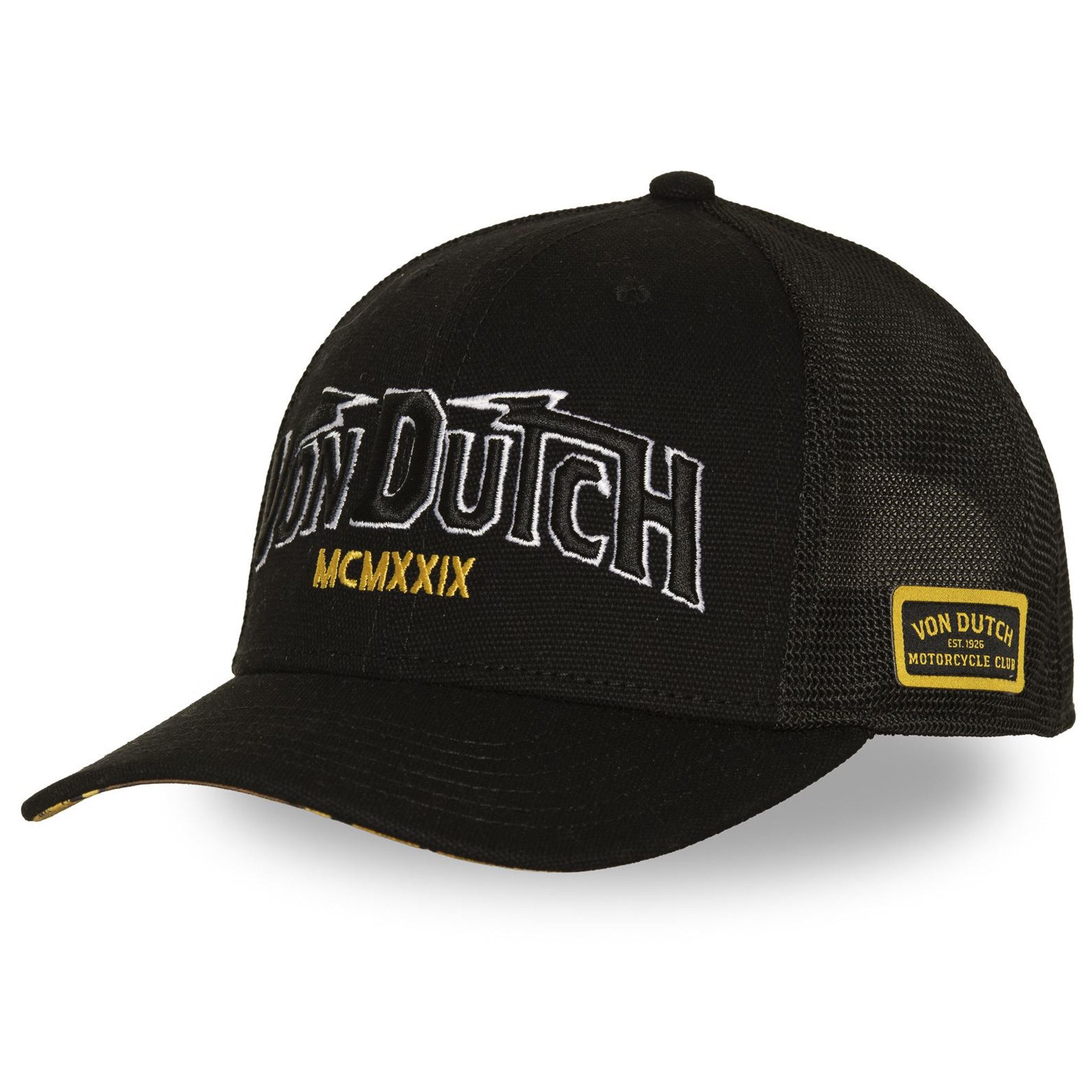 Von Dutch Trucker Cap Von Dutch Originals Trucker Cap Half Curved VON DUTCH Premium (Basecap, Basecap, Meshcap, Trucker Kappe) Druck auf Schirmunterseite
