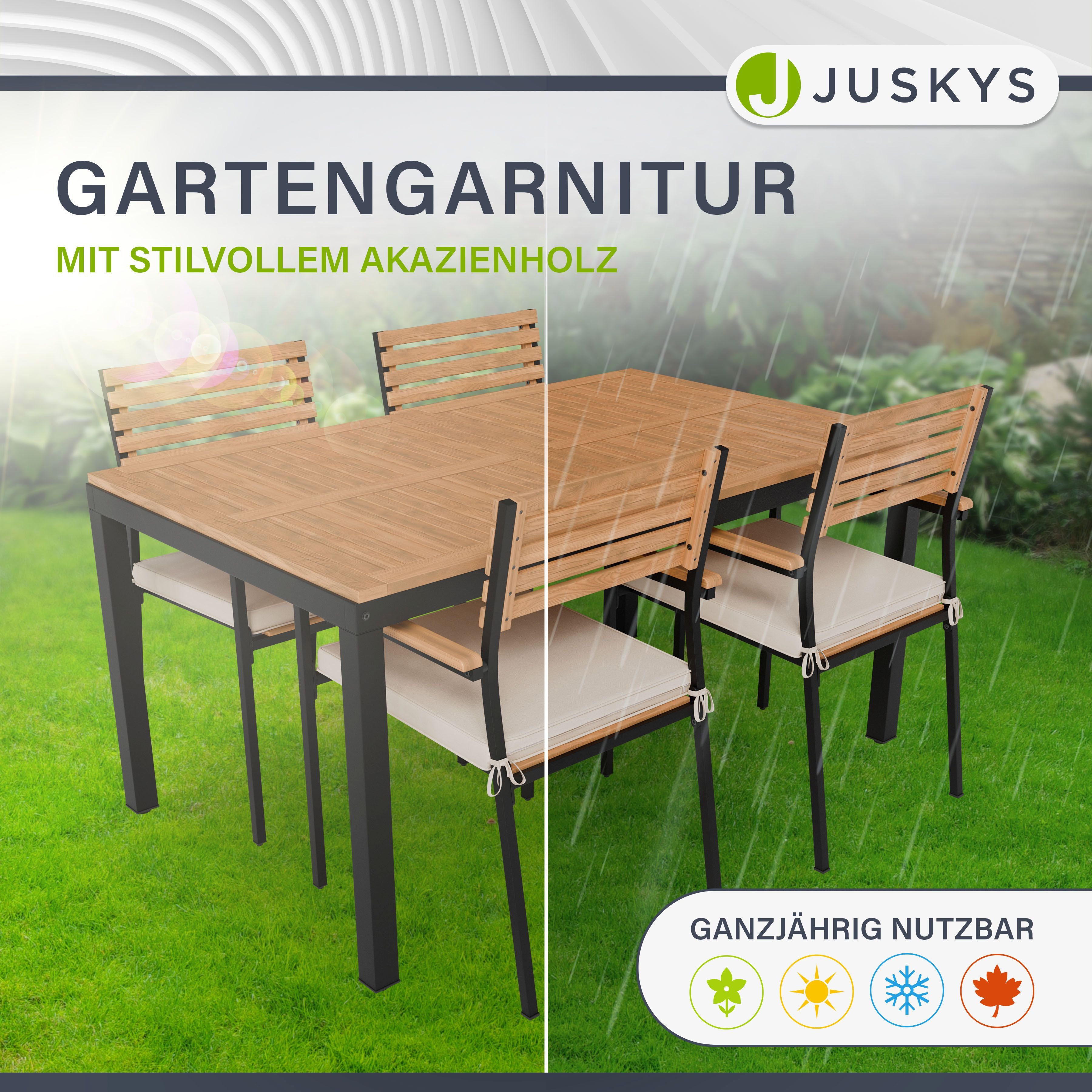 Juskys Garten-Essgruppe Rhodos, (5-tlg), mit Tisch, 4 Stühlen & Kissen, elegante Holzelemente