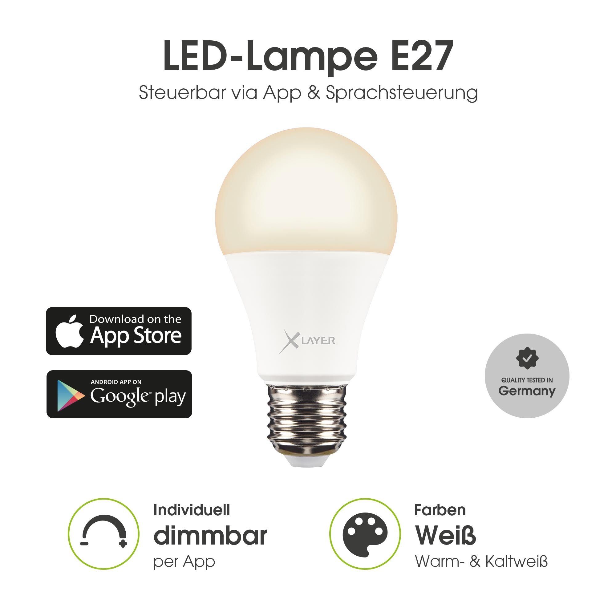 XLAYER Smarte LED-Leuchte WLAN LED Lampe Smart Echo E27 9W Warm- und Kaltweiß, Dimmbar