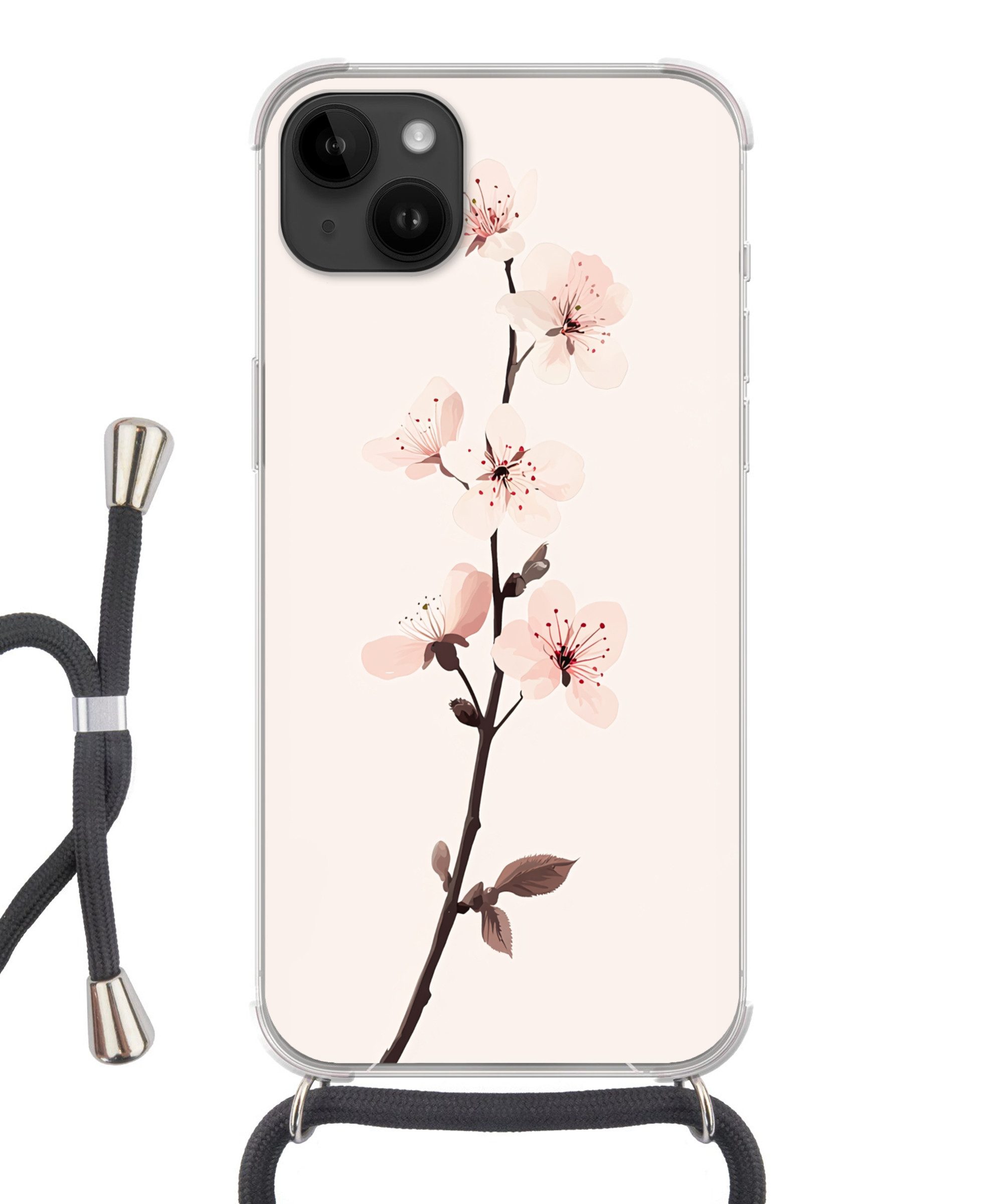 MuchoWow Handyhülle für Apple iPhone 14 Max Minimalistisch - Blüte - Zweig - Rosa, Tragbare Handyhüllen mit Kette zum umhängen, Handykette Handyband