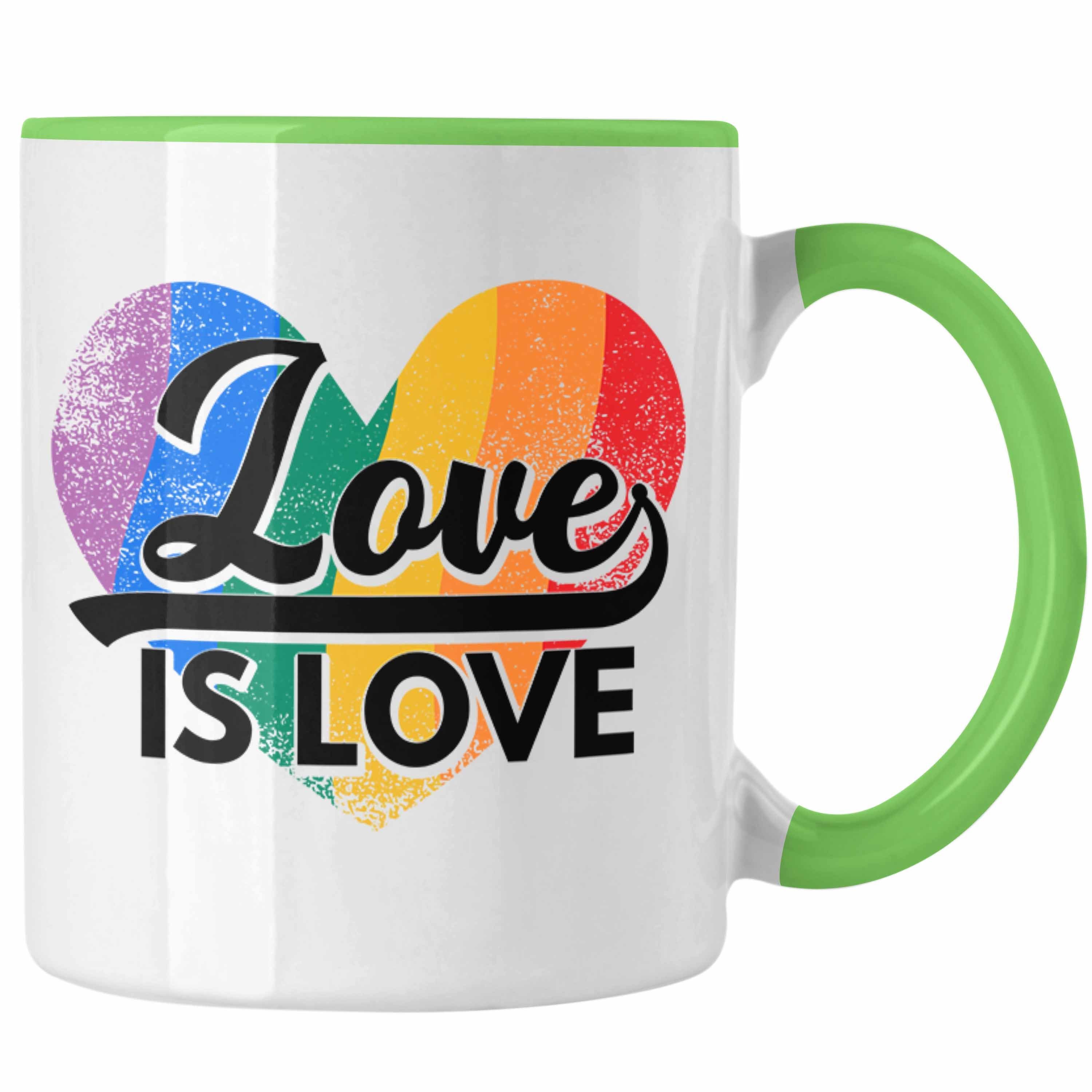 Trendation Tasse Trendation - LGBT Tasse Geschenk für Schwule Lesben Transgender Regenbogen Lustige Grafik Regenbogen Love Is Love Grün