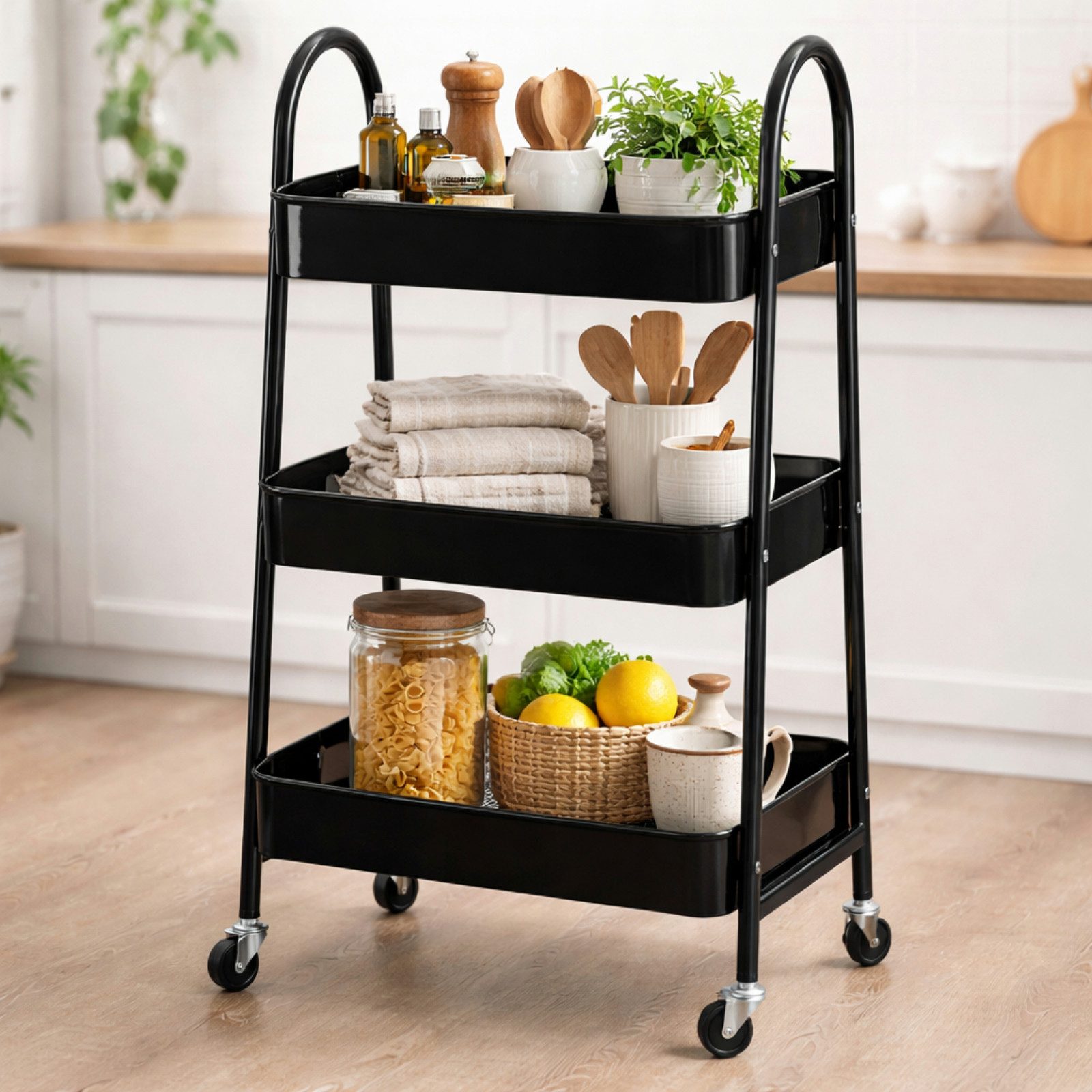 Koopman Küchenwagen Rollwagen Aufbewahrung Metall 79x44x32 cm Bausatz Montage Schwarz, (1 St), mit Rollen, Metall, 3 Ebenen