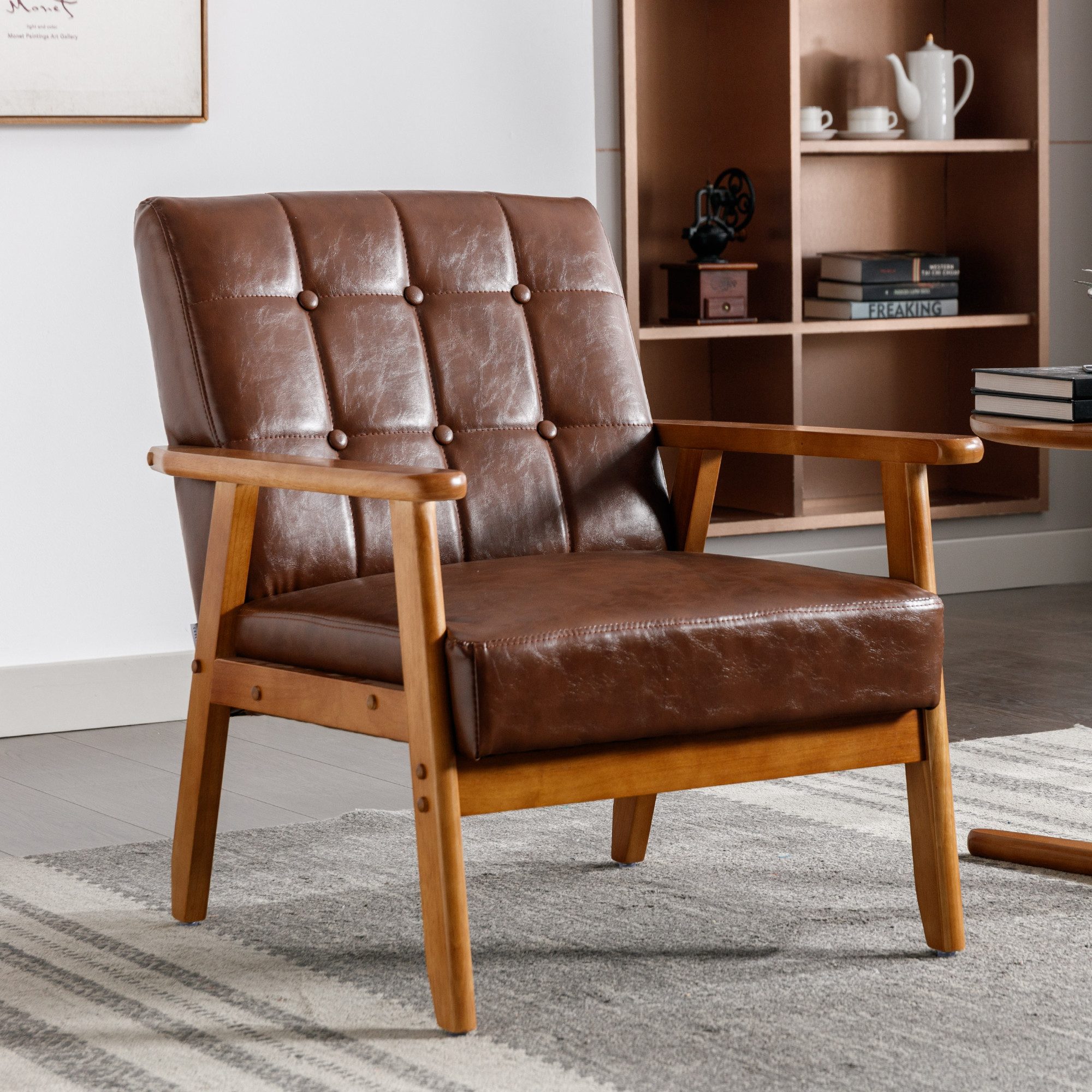 Ulife Loungesessel Freizeitsessel Retro Holzsessel Polsterstuhl Ohrensessel mit Armlehnen, Mid-Century Modern Akzentstuhl, für Wohnzimmer,Schlafzimmer,Studio