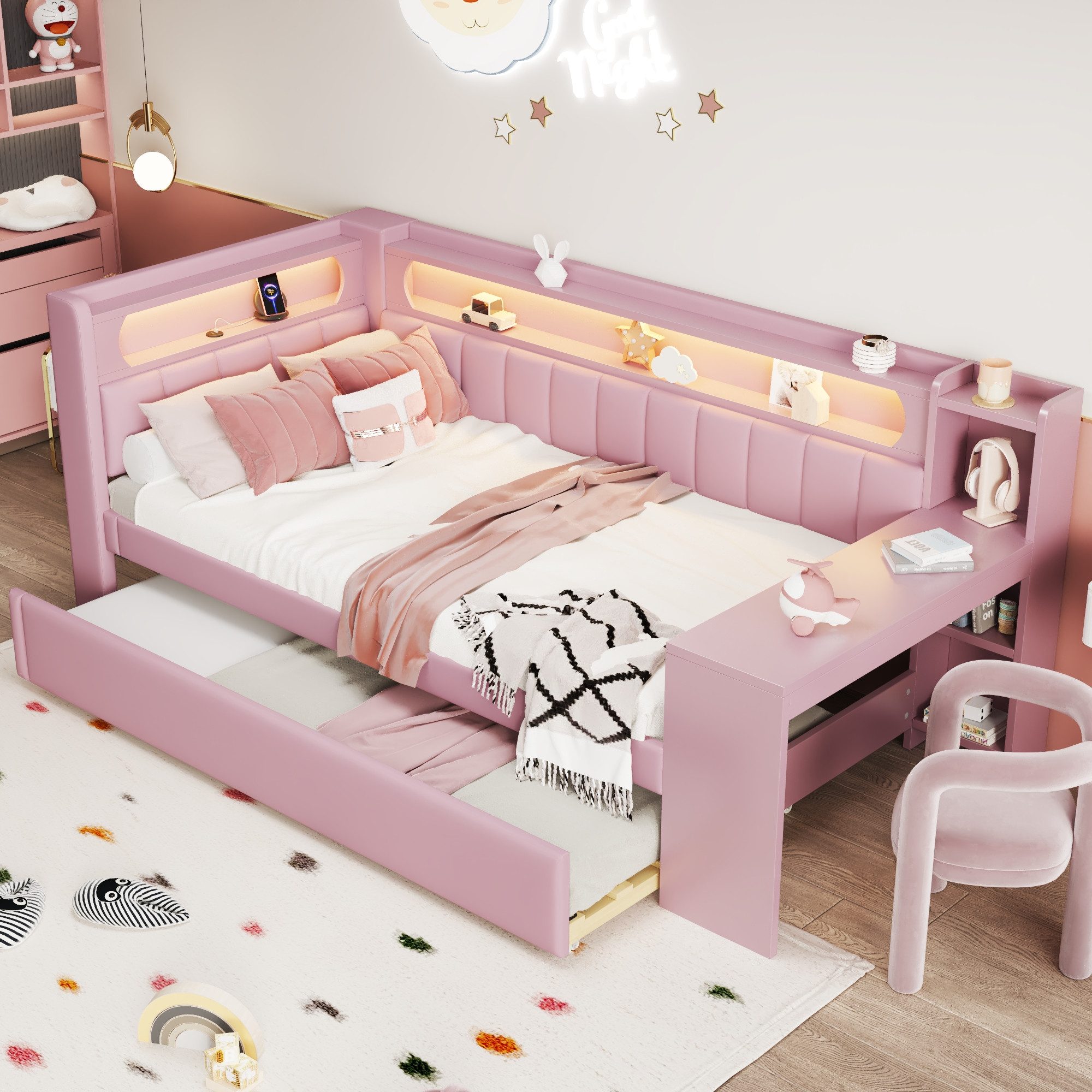 Flieks Daybett, Polsterbett 90x200cm mit Ausziehbett 90x190cm, USB, LED, Sc günstig online kaufen