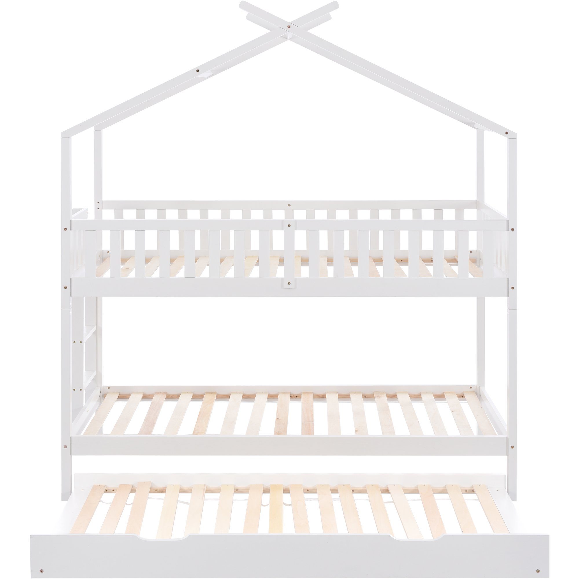 Etagenbett (Etagenbett, Hochbett Hausbett mit Rausfallschutz und Lattenrost), Kinderbett 90x200 cm mit Ausziehbett 90x190 cm, Kiefer, 3 Liegefläche