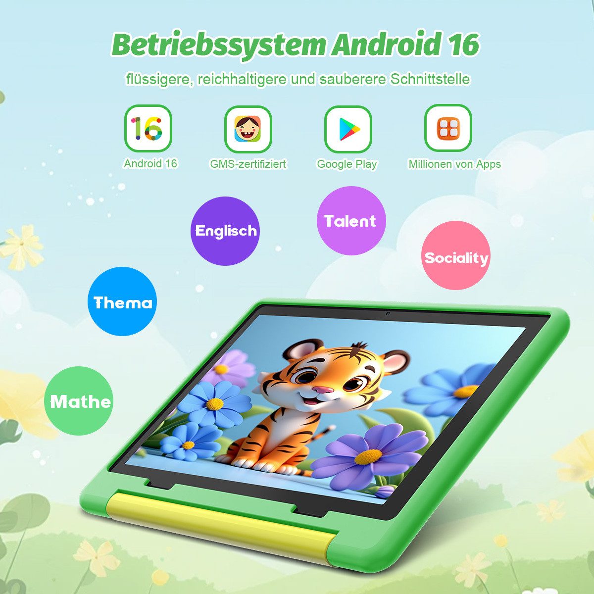 BUFO Android 16 10-Zoll, 24(3+21) GB RAM + 64 GB ROM (TF Expand 1TB) Kinder Tablet (10", 64 GB, Android 16, WiFi 6, Android 16, Elterliche Kontrolle, HD IPS 1280x800, 6000mAh)