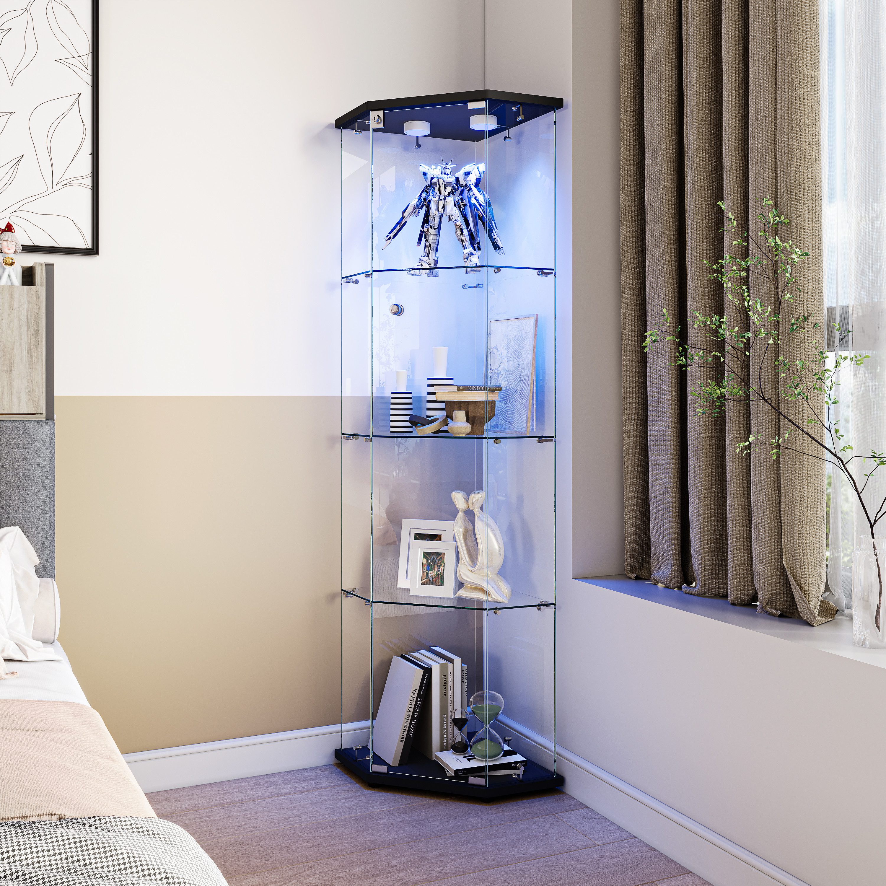 Simurq Glasvitrine Eckvitrine 162cm LED Sammlervitrine,4 Lagen Eck-Glasvitrine Stehend (Packung, Sammlervitrine Schauvitrine mit 1 türen und Schloss, Gehärtetes Glas) LED-Streifenbeleuchtung; Mit Schloss;Fünfeckiges Design;Einzeltür