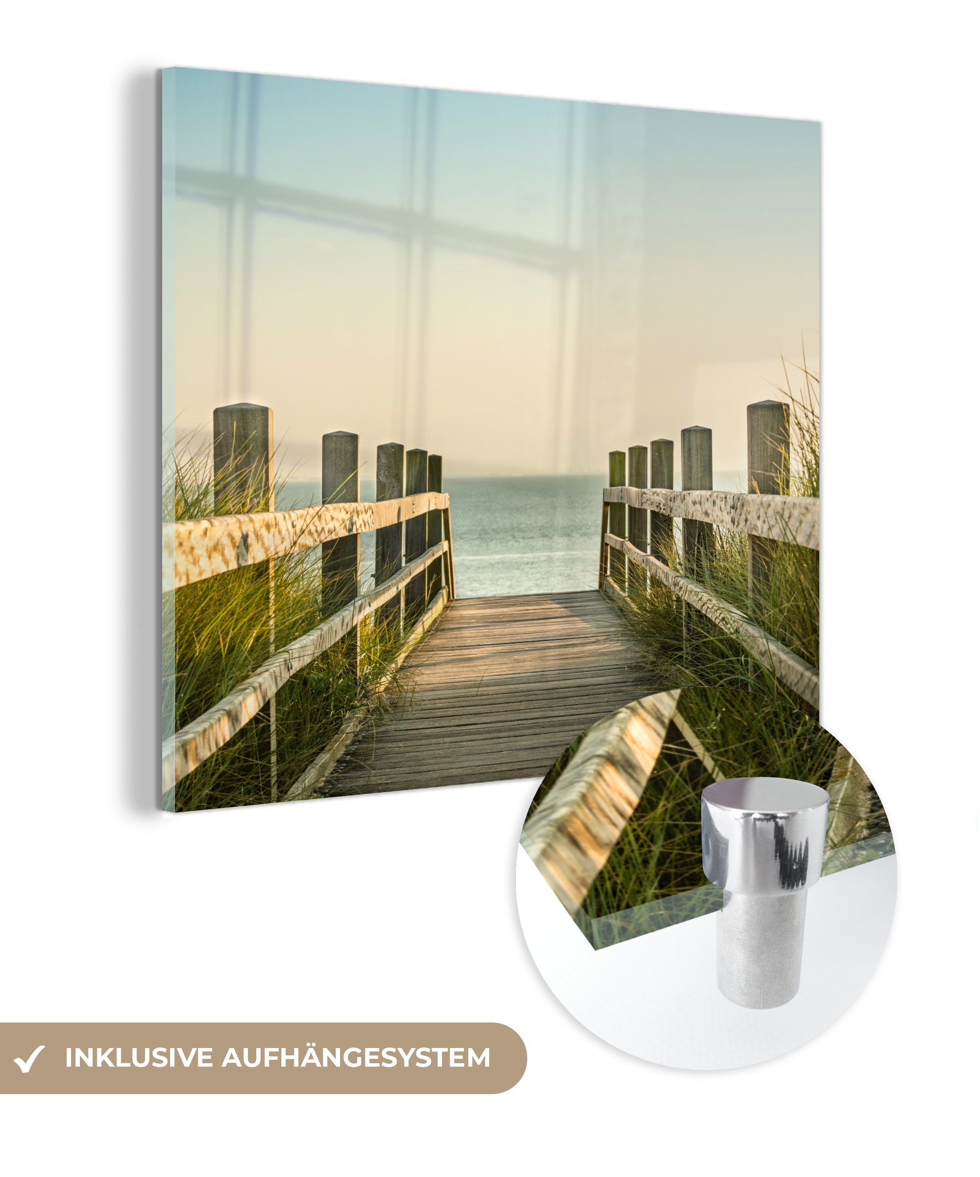 MuchoWow Acrylglasbild Meer - Weg - Zaun, (1 St), Glasbilder - Bilder auf Glas Wandbild - Foto auf Glas - Wanddekoration | Bilder