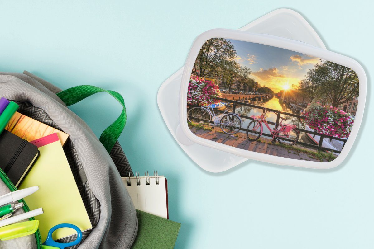 für MuchoWow Amsterdam Erwachsene, - Brücke Lunchbox Blumen - Kinder - Mädchen - und Brotbox Brotdose, für Kunststoff, Jungs und Sonnenuntergang, (2-tlg), Fahrrad weiß
