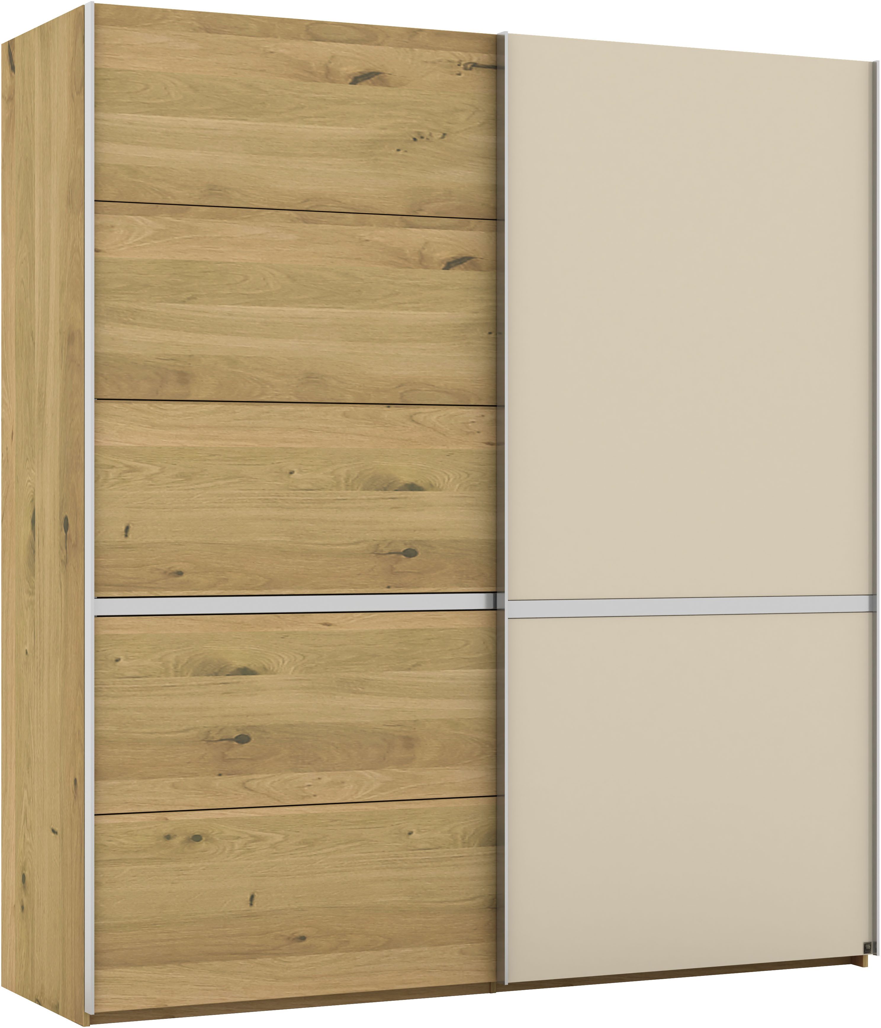 Musterring Schwebetürenschrank Savona, Kleiderschrank, Schrank, Garderobe, mit Schiebetüren (Teilmassiv Bianco-Eiche, mit Spiegel oder Glas, MADE IN GERMANY) Türen Bianco-Eiche massiv, Spiegel-/Glastüren, eingelegte Chromleiste