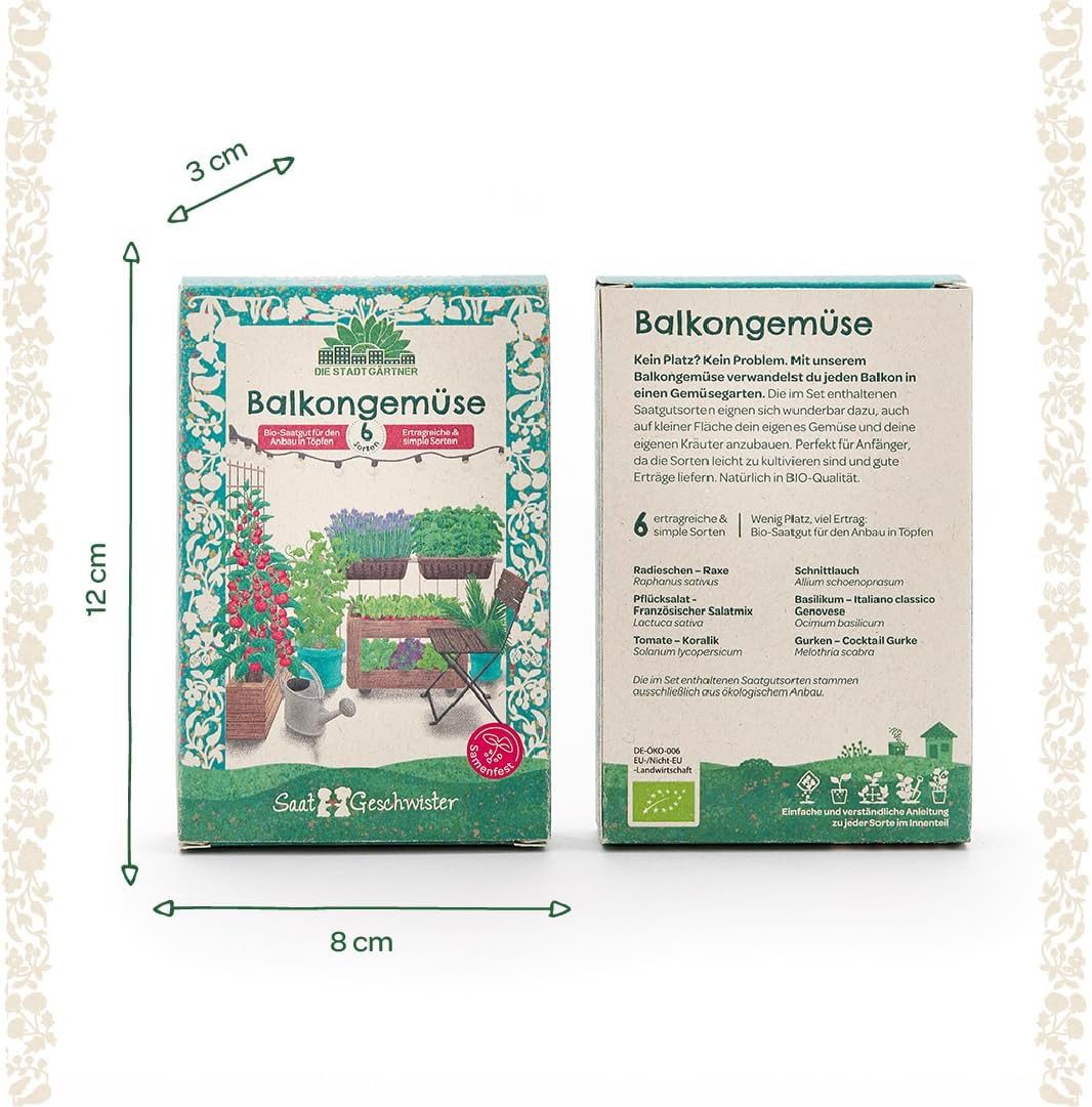 Die Stadtgärtner Gemüsesamen Saatgut-Set mit 6 BIO Balkongemüsesorten, Tolles Garten-Geschenk, Samenfest, Ohne Gentechnik, Laborgeprüfte Keimrate