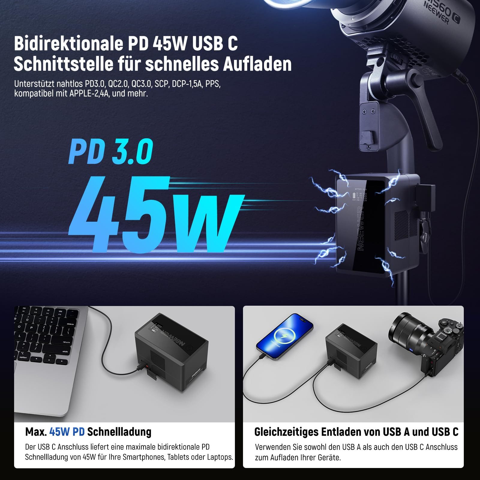 Neewer PS050E Mini V Mount Akku, 3450mAh 50Wh, OLED Bildschirm Kamera-Akku 3450 mAh (1 St), mit mehreren Anschlüssen, 45W PD Schnellladung, für Kamera Monitor