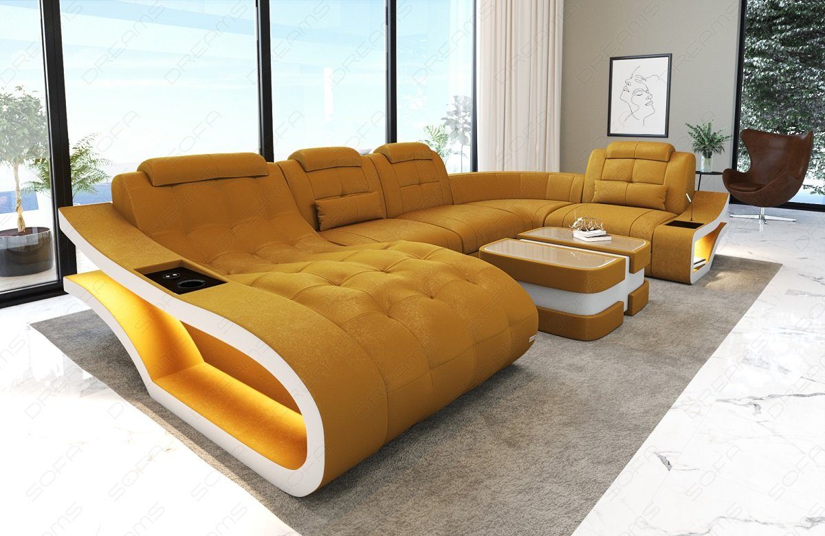 A Sofa - Bettfunktion Polster Dreams Elegante Stoffsofa ochre-weiß Couch, wahlweise U mit Sofa Wohnlandschaft Stoff Form