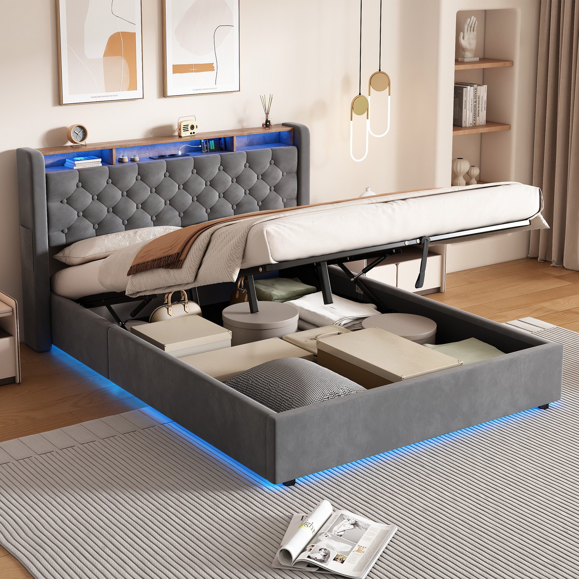 REDOM Polsterbett Hollandvelours-Bezug, mit Stauraum & Ablage (Funktionsbett, 1-tlg., Robuster Metallrahmen, Lattenrost inklusive, ohne Matratze), 140x190 cm mit LED-Beleuchtung und USB-Anschlüssen