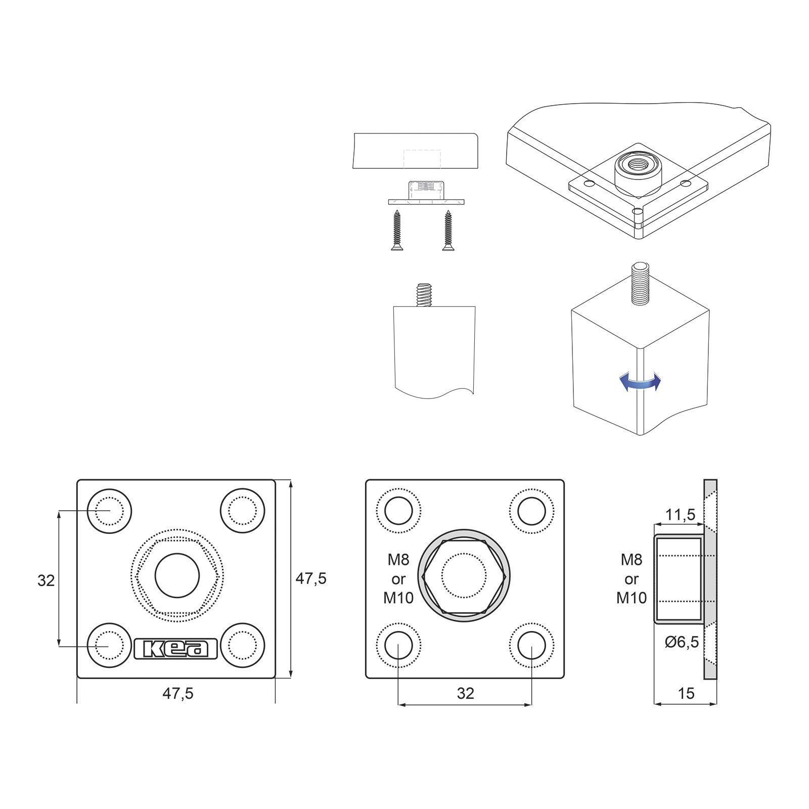 eckig 47,5 x Tischbeinverbinder Gewindeschraube Tischbeschlag St), x Befestigungsplatte für M10 mm SO-TECH® KEA 47,5 (2 Möbelbeschlag 2