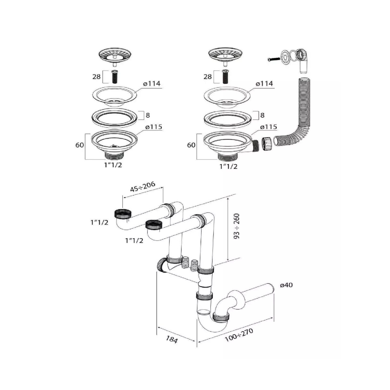 QLS Siphon Doppelbecken Manuell, 3 1/2 Zoll Ablauf für Doppelbecken Edelstahl PVC