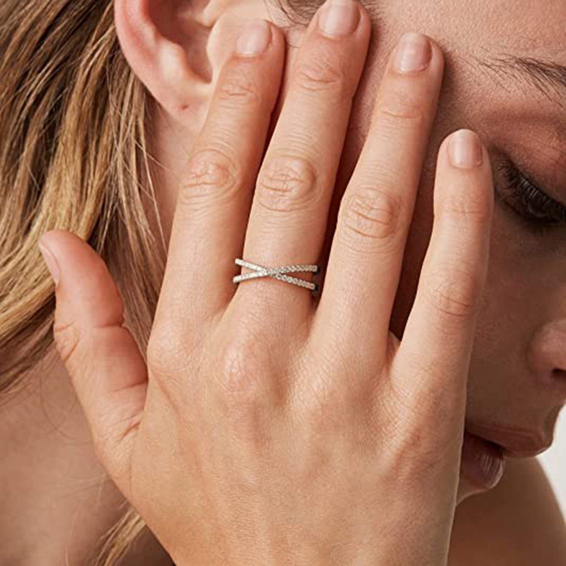 Haiaveng Fingerring Cross Gold Simulated for Women Ring Plated X Criss Diamond, Ring