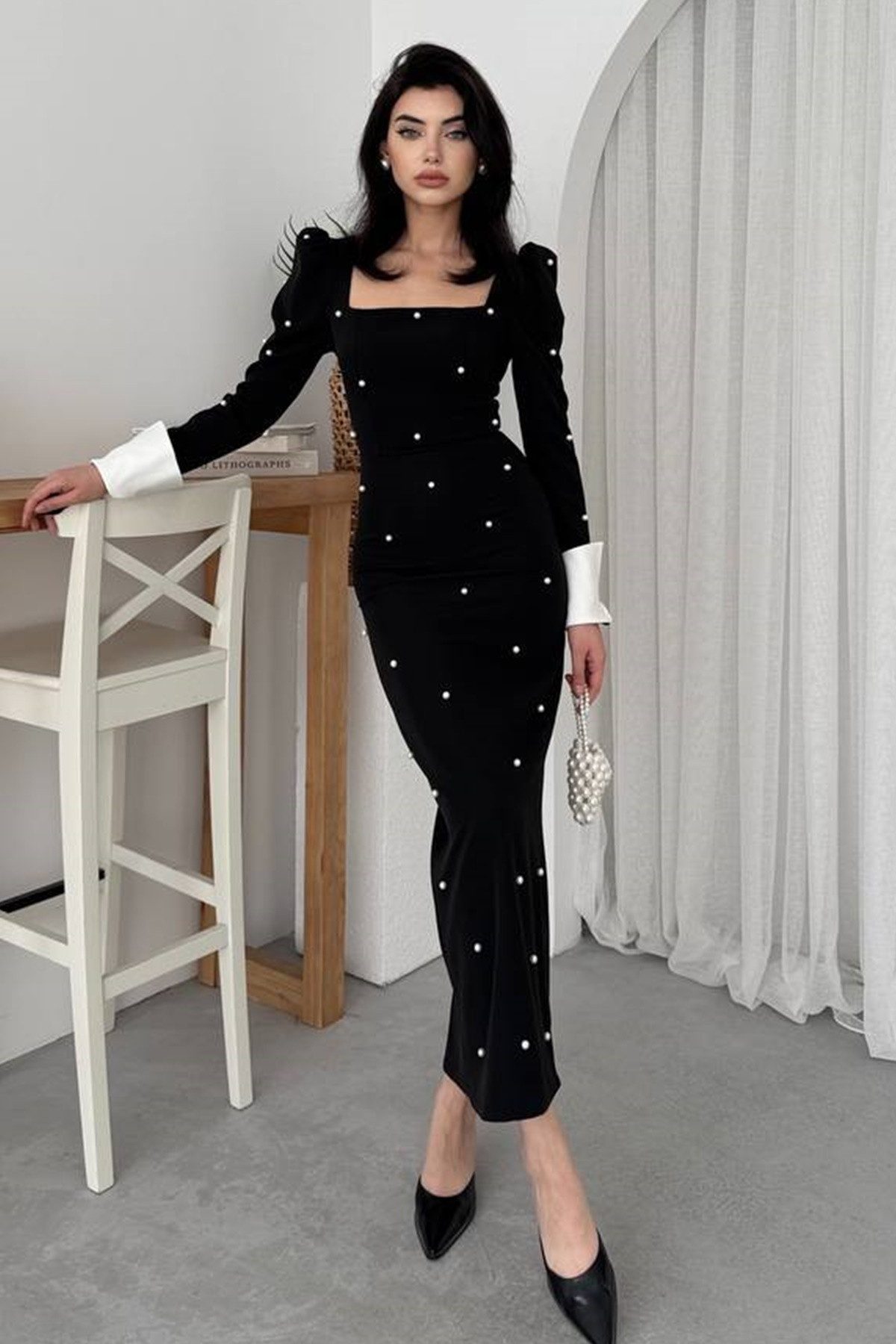WOMAN VISION Minikleid Midikleid mit eckigem Ausschnitt und Ärmeln