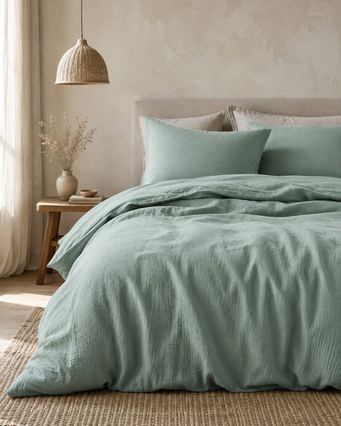 pure hug Bettwäsche Set Musselin 135x200 Design Matcha grün Baumwolle, Musselin, 2 teilig, Sommer Geschenke Idee Frauen Männer weich sale Reißverschluss Partner – Bild 3 von 5
