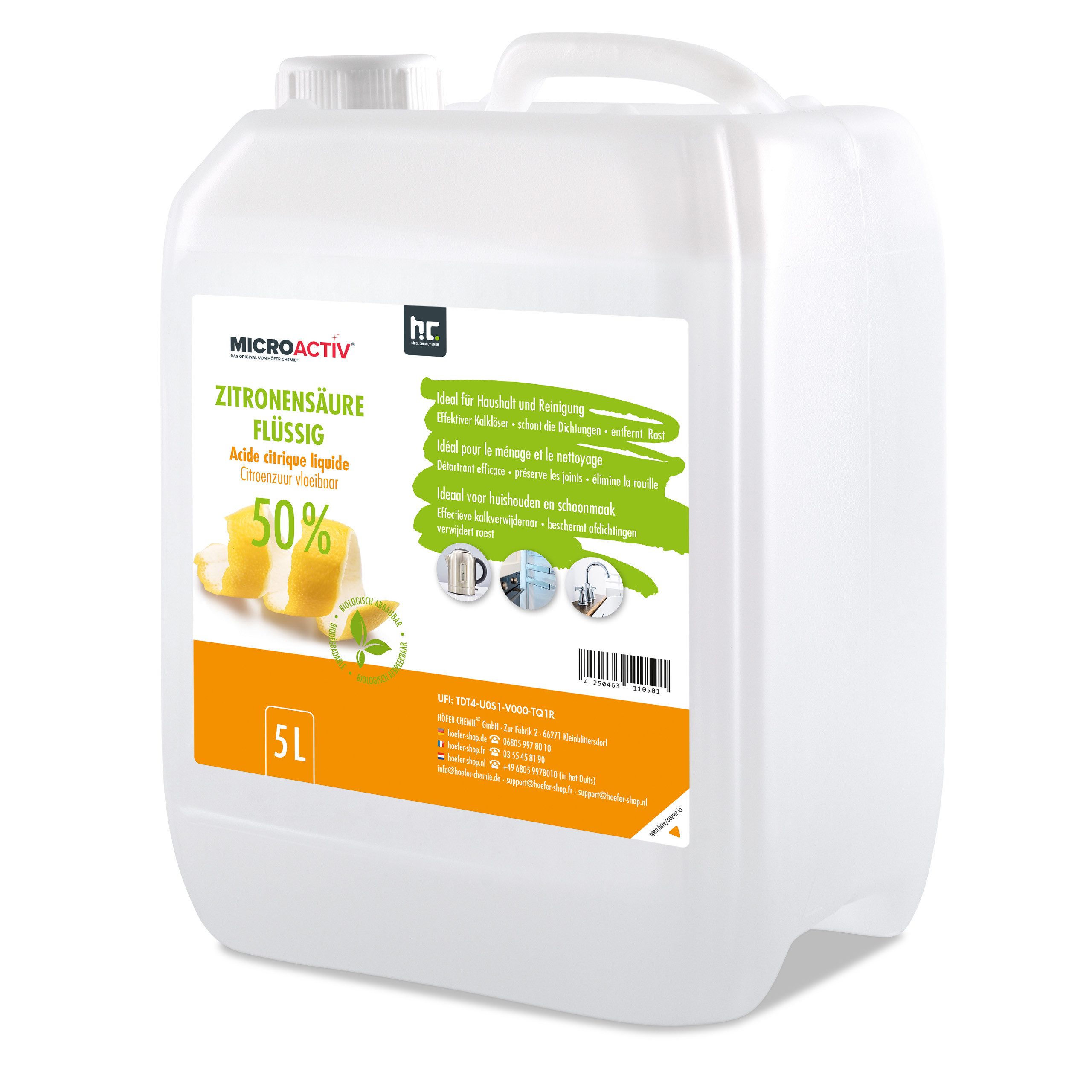Höfer Chemie GmbH 2x 5 L Zitronensäure 50% flüssig Grundreiniger (Kraftvolle Kalklösung und vielseitig im Haushalt einsetzbar)