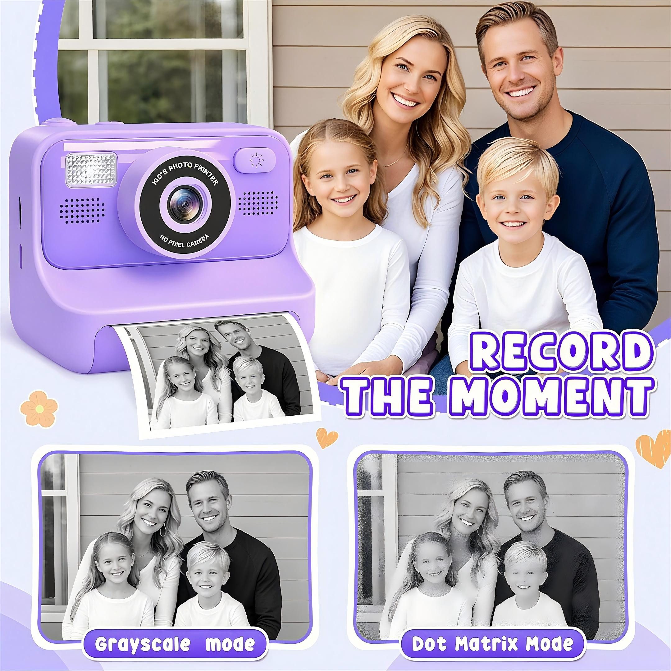 POPOLIC 1080P Kinderkamera - Selfie Digitalkamera Kinder mit 32GB Sofortbildkamera (inkl. Lila, Geburtstagsgeschenk Spielzeug ab 3-11 Jahre Mädchen Jungen)