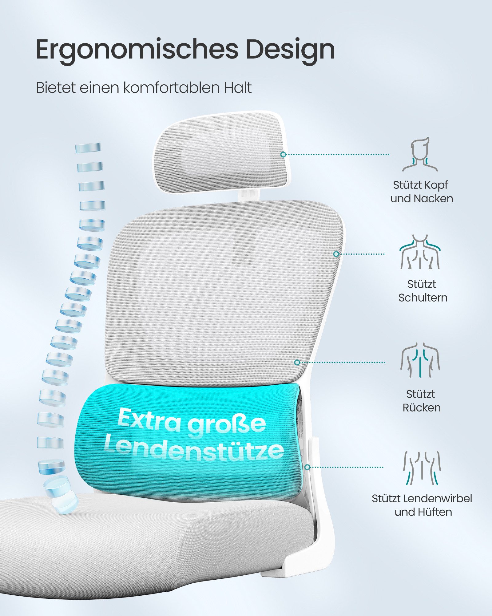 SONGMICS Bürostuhl ergonomischer Netzstuhl, für Homeoffice, mit doppellagigem Netzgewebe, Schreibtischstuhl, adaptive Lendenstütze, verstellbare Kopfstütze – Bild 5 von 5