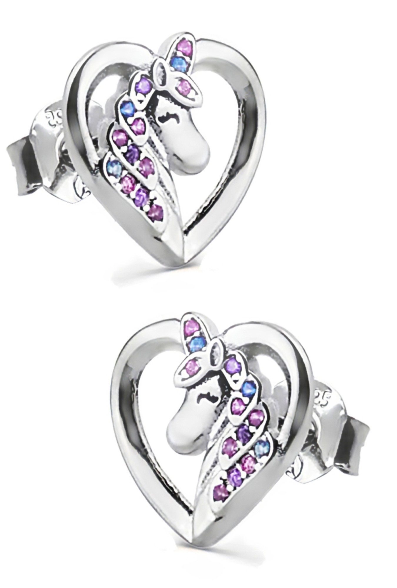 Limana Paar Ohrstecker Ohrringe 925 Sterling Silber Einhorn Pferde Herz Mädchen Damen Kinder (inkl. Schmuckbox), Geschenk Idee Ostern Weihnachten Geburtstag Nikolaus Schulanfang