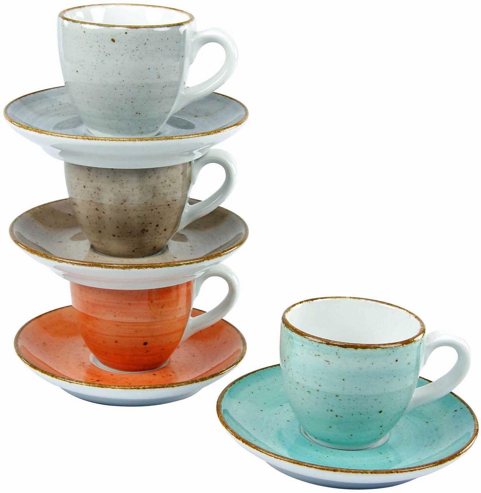 CreaTable Espressotasse Kaffeetasse VINTAGE NATURE, 8-tlg., Porzellan, Tassen Set, 4 Tassen, 4 Untertassen