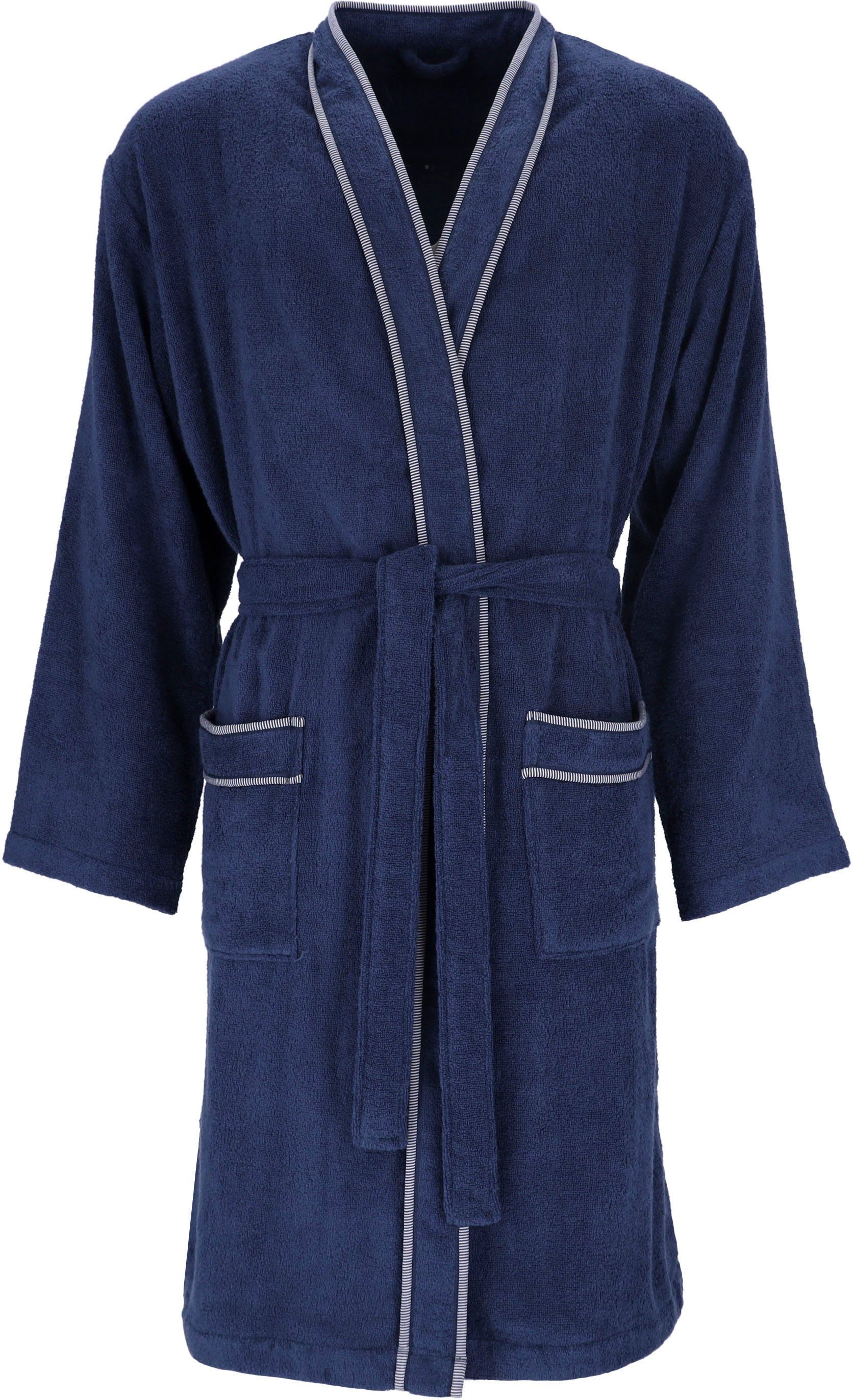 Vossen Herrenbademantel Jack, Kimono-Kragen, Gürtel Langform, blau marine Baumwolle