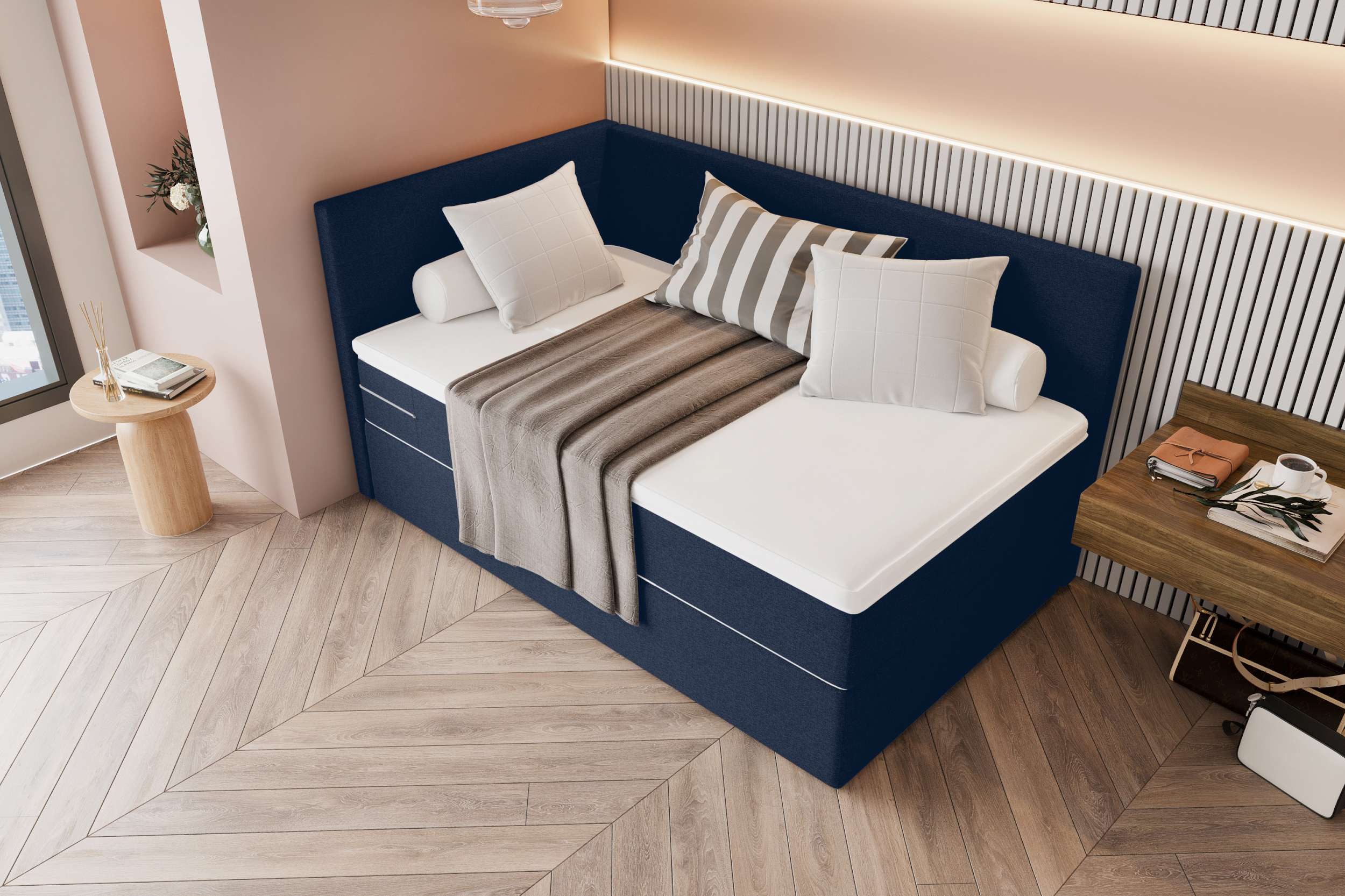 99rooms Boxspringbett Phönix Mini Plus (Schlafzimmerbett, Bett), mit Taschenfederkernmatratze und Topper, in Webstoff MALMO_NEW
