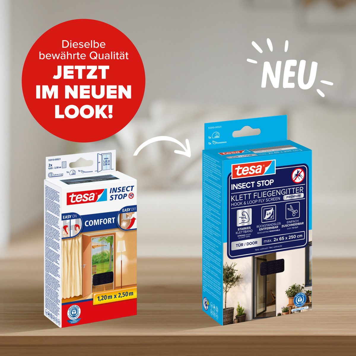 tesa Insektenschutz-Tür Klett Fliegengitter Premium für Türen - ohne Bohren, (Packung, 1-St., Fliegennetz, Klettband), selbstklebende Insektenschutz - (2 x 65cm)120cm x 250cm